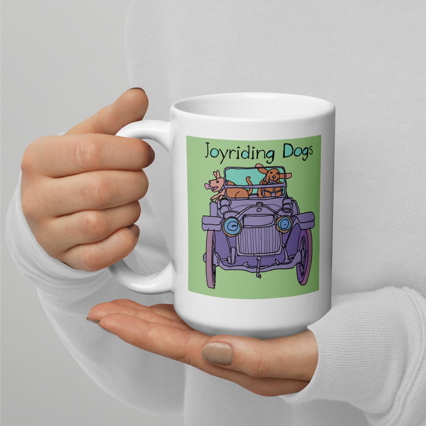 Joyriding Dogs - Violet Car - 15 oz White glossy mug - designs on both sides