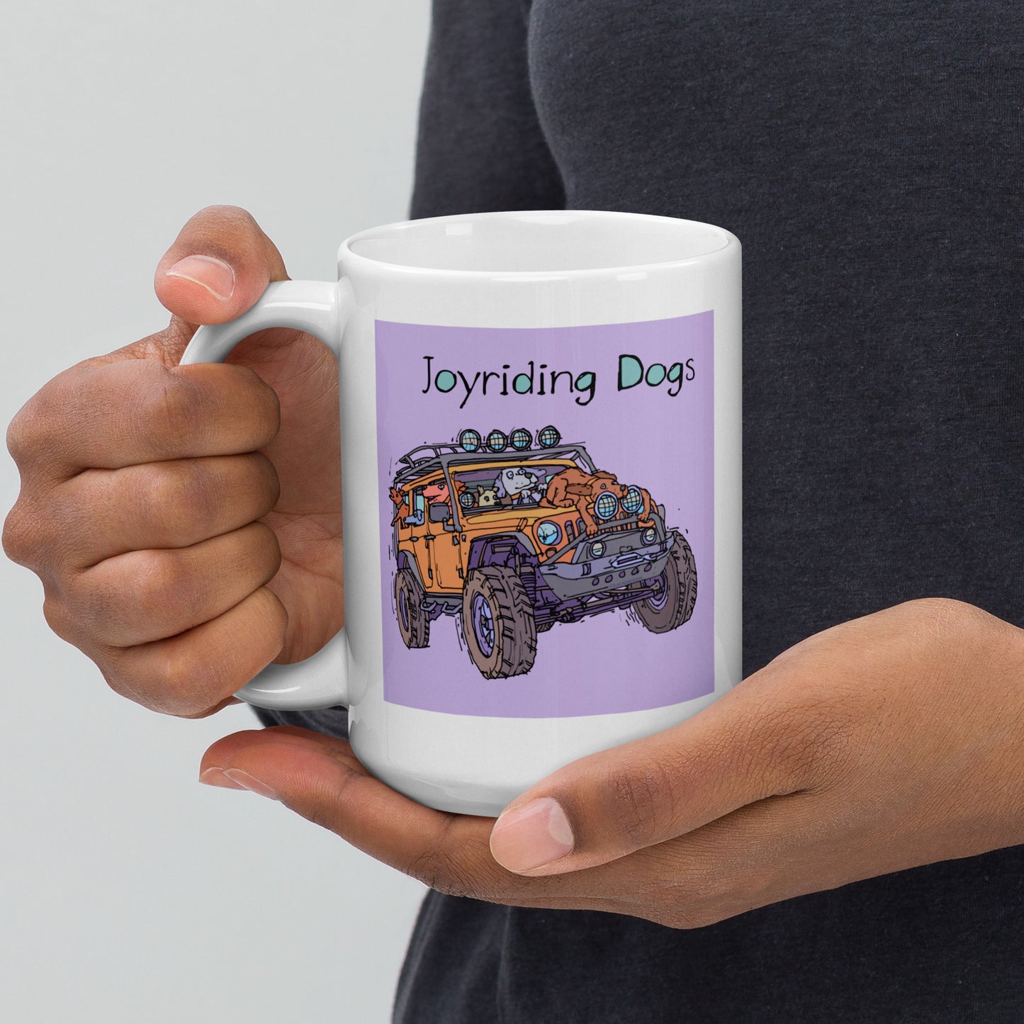 Joyriding Dogs - Yellow Jeep - 15 oz White glossy mug - designs on both sides