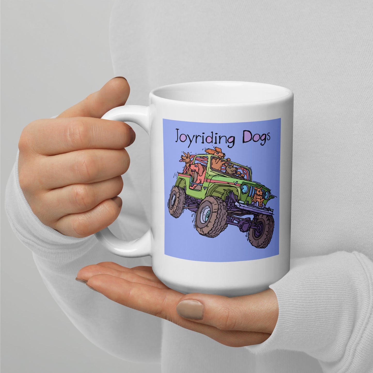 Joyriding Dogs - Green Jeep - 15 oz White glossy mug - designs on both sides