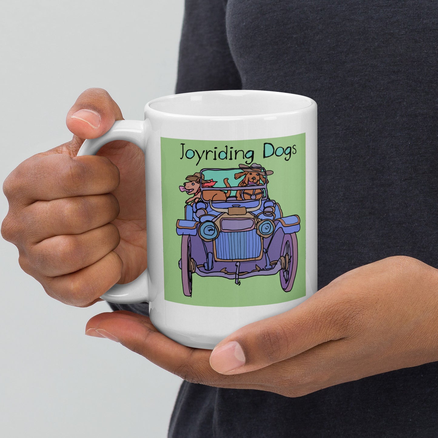 Cowboy Joyriding Dogs - Blue Car - 15 oz White glossy mug - designs on both sides