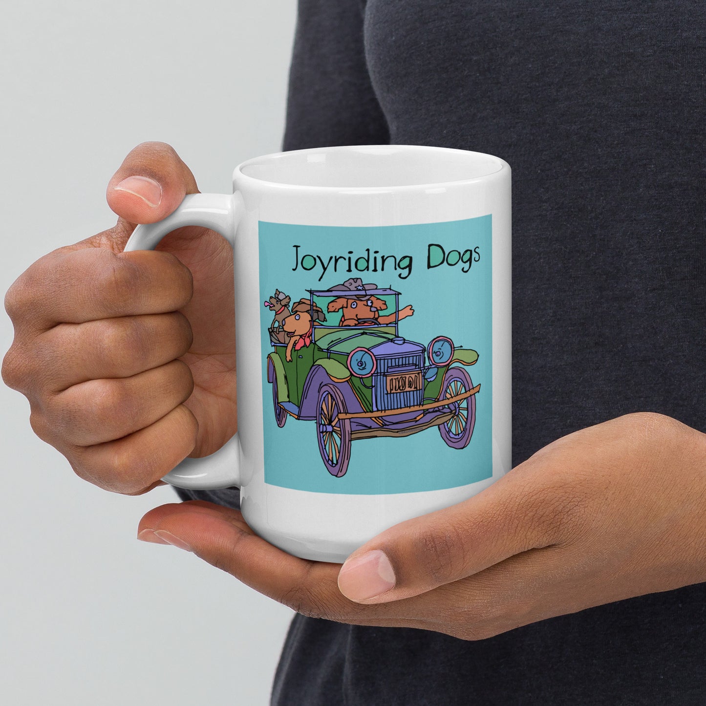 Cowboy Joyriding Dogs - Green Car - 15 oz White glossy mug - designs on both sides