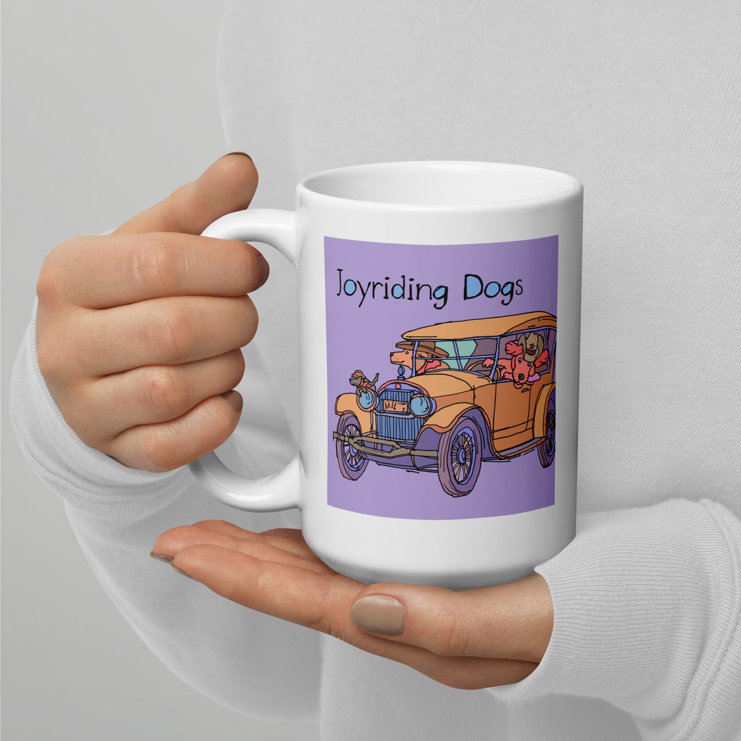 Cowboy Joyriding Dogs - Yellow Car - 15 oz White glossy mug - designs on both sides