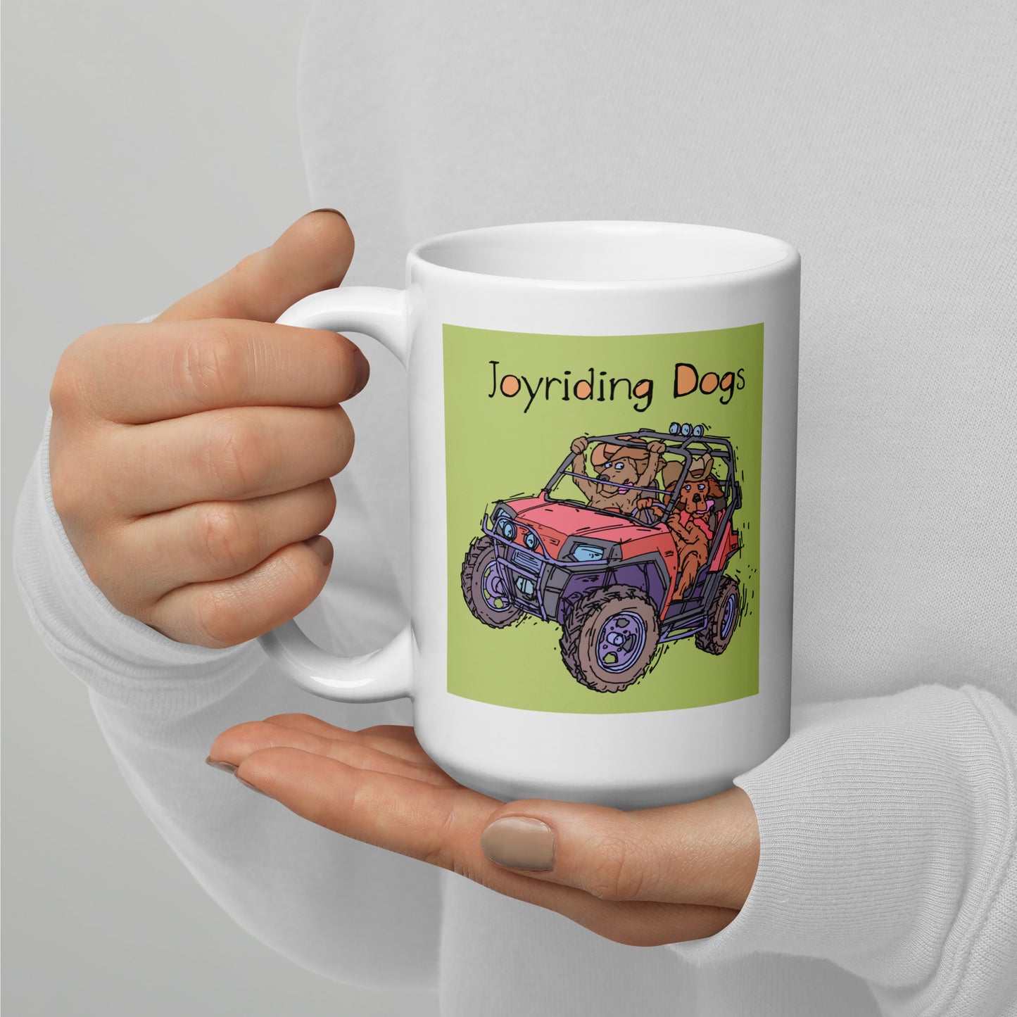 Cowboy Joyriding Dogs - Two Riders in One Red ATV - 15 oz White glossy mug - designs on both sides