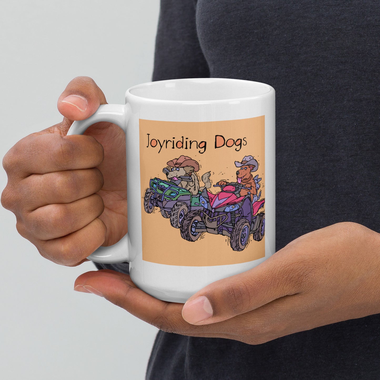 Cowboy Joyriding Dogs - Two ATVs - 15 oz White glossy mug - designs on both sides