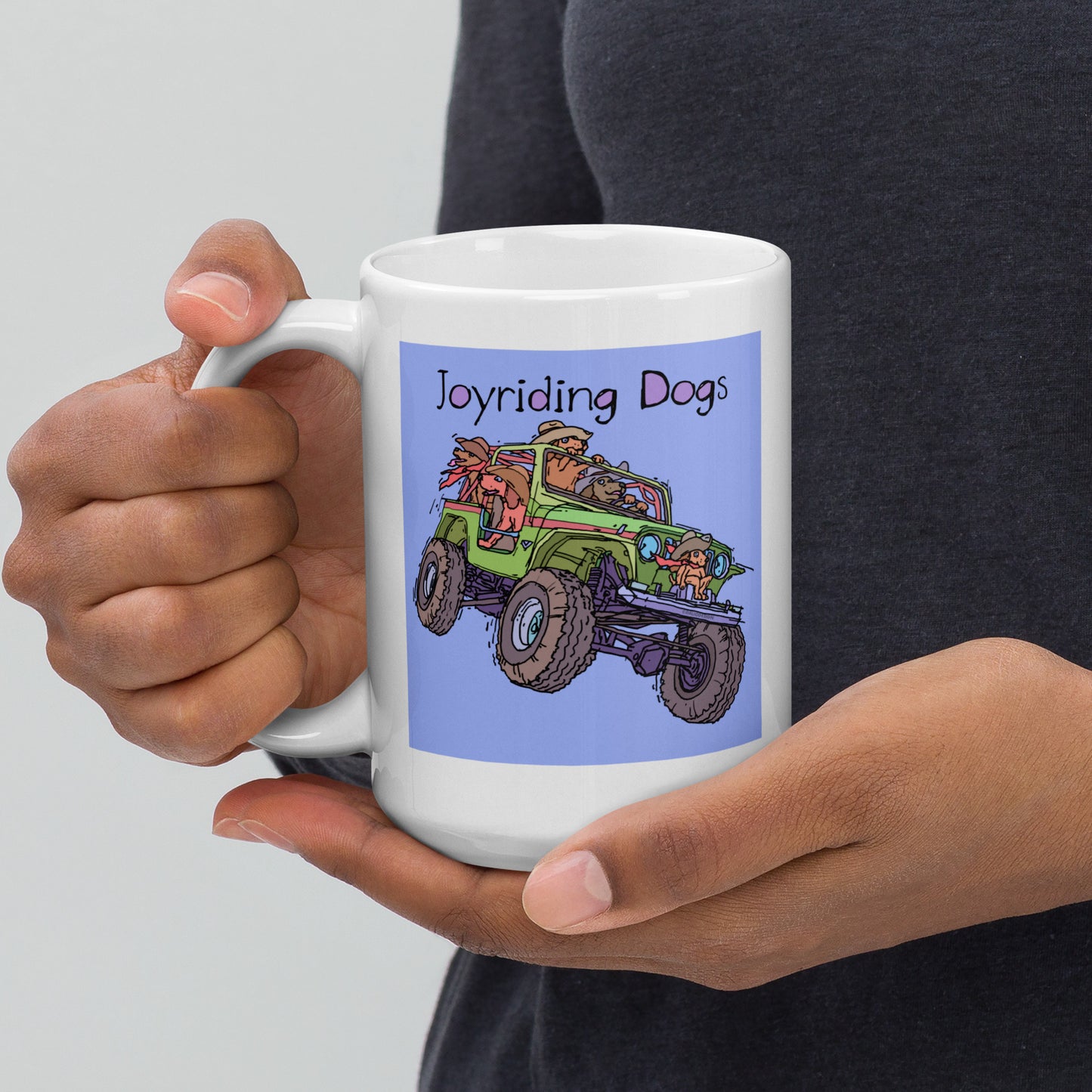 Cowboy Joyriding Dogs - Green Jeep 15 oz White glossy mug - designs on both sides