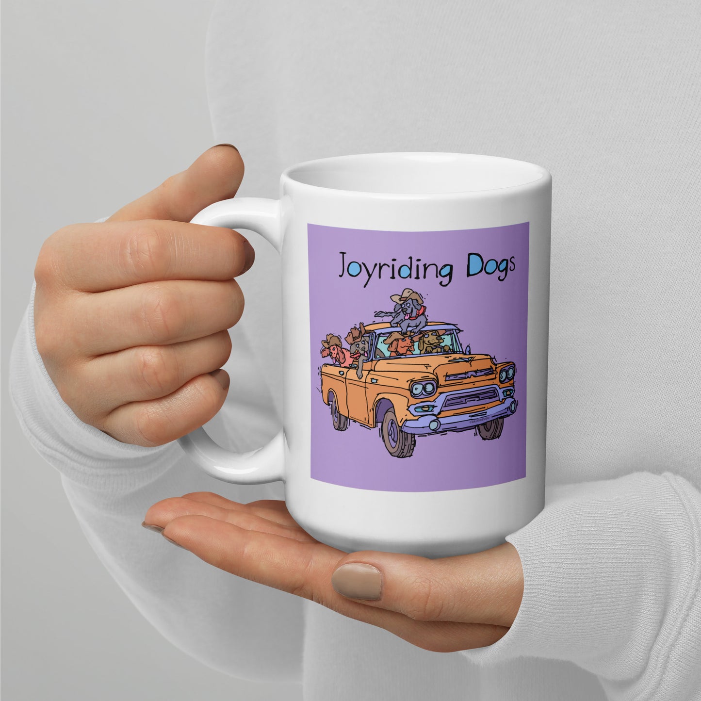 Cowboy Joyriding Dogs - Yellow Pickup - 15 oz White glossy mug - designs on both sides