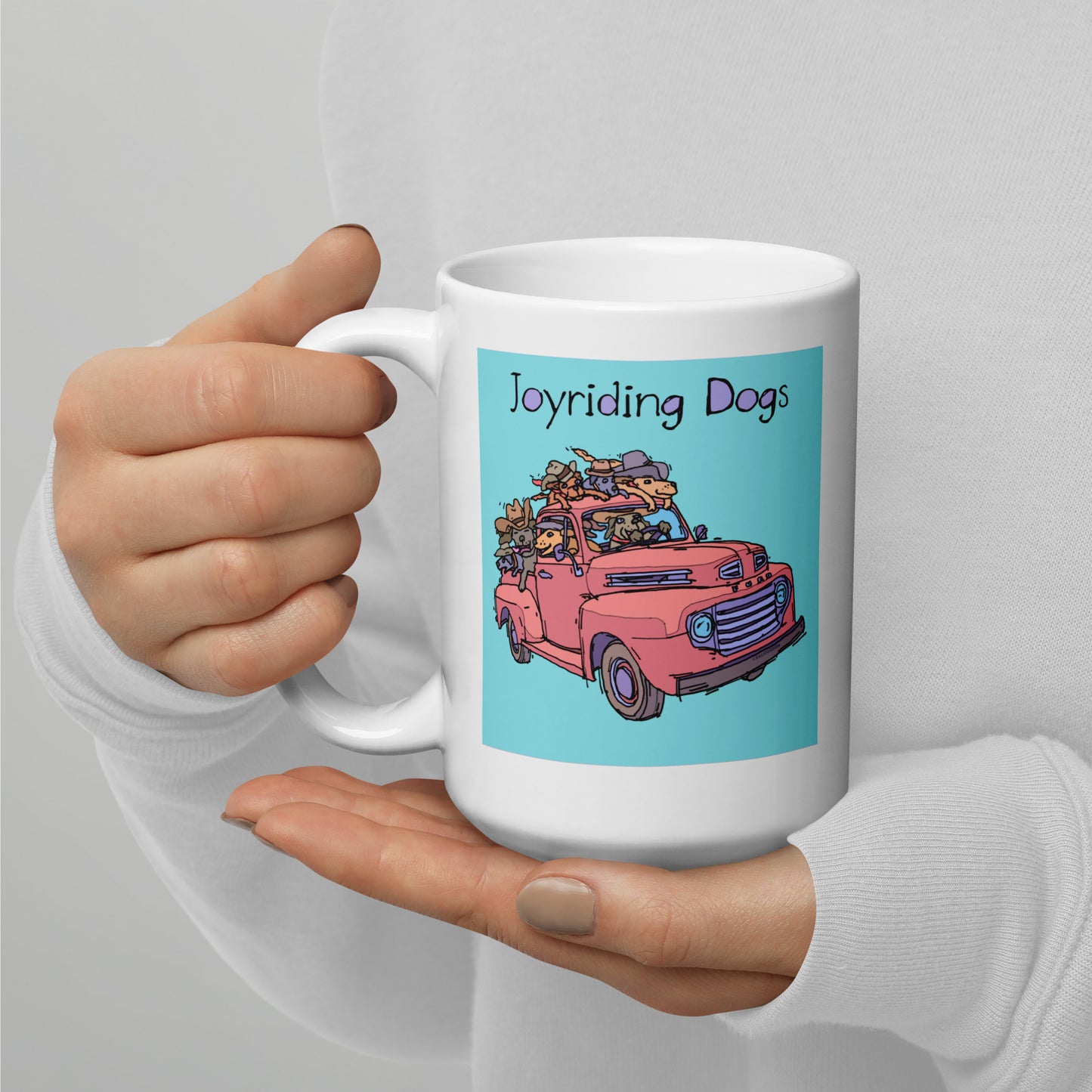 Cowboy Joyriding Dogs - Red Pickup - 15 oz White glossy mug - designs on both sides
