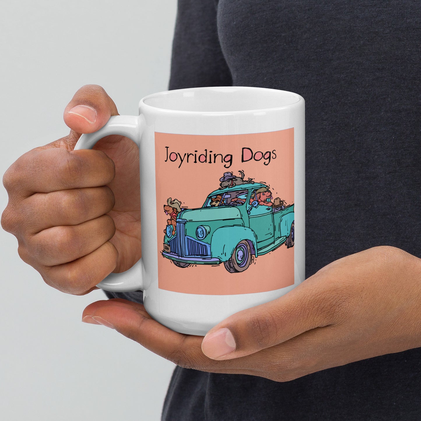 Cowboy Joyriding Dogs - Green Pickup - 15 oz White glossy mug - designs on both sides