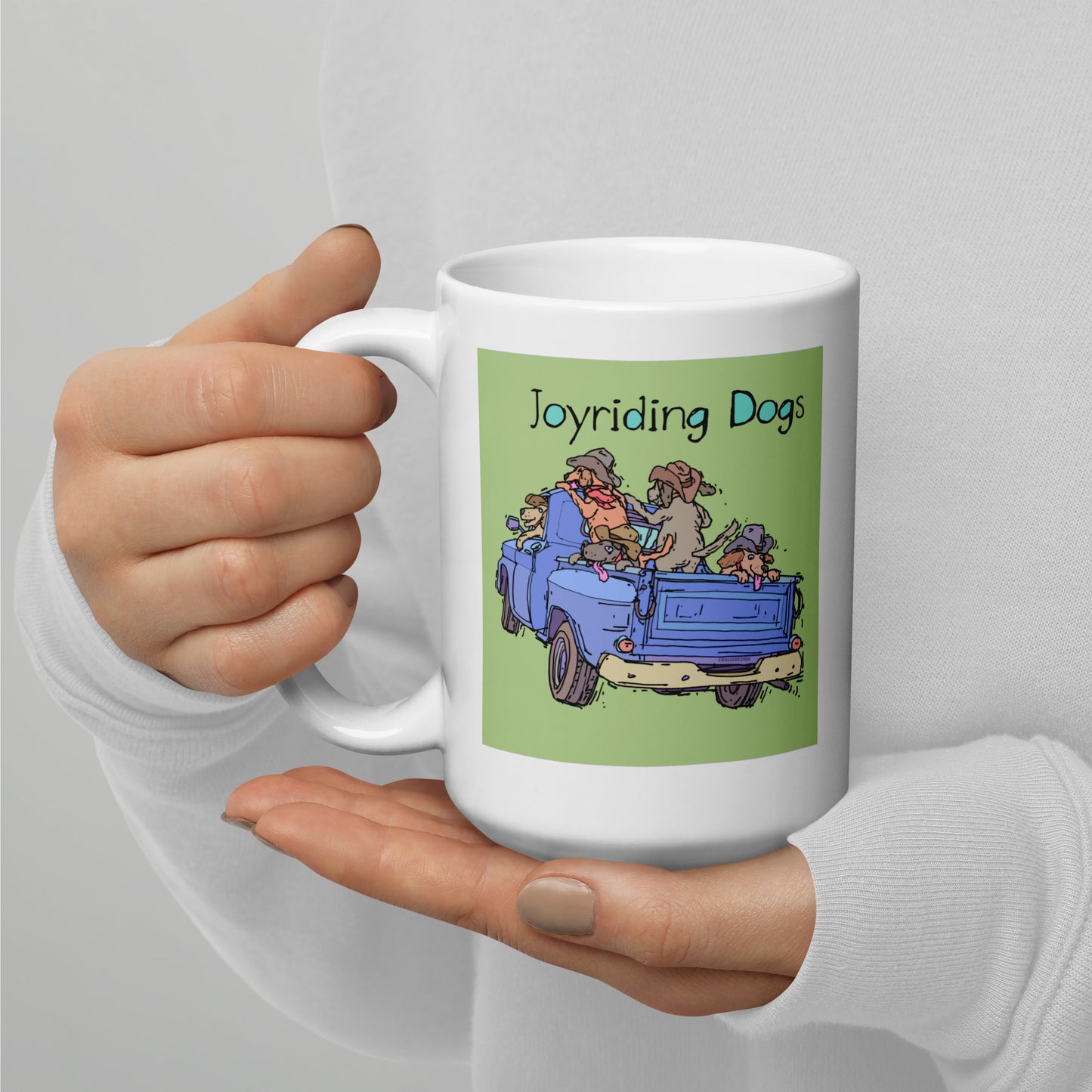 Cowboy Joyriding Dogs - Blue Pickup - 15 oz White glossy mug - designs on both sides