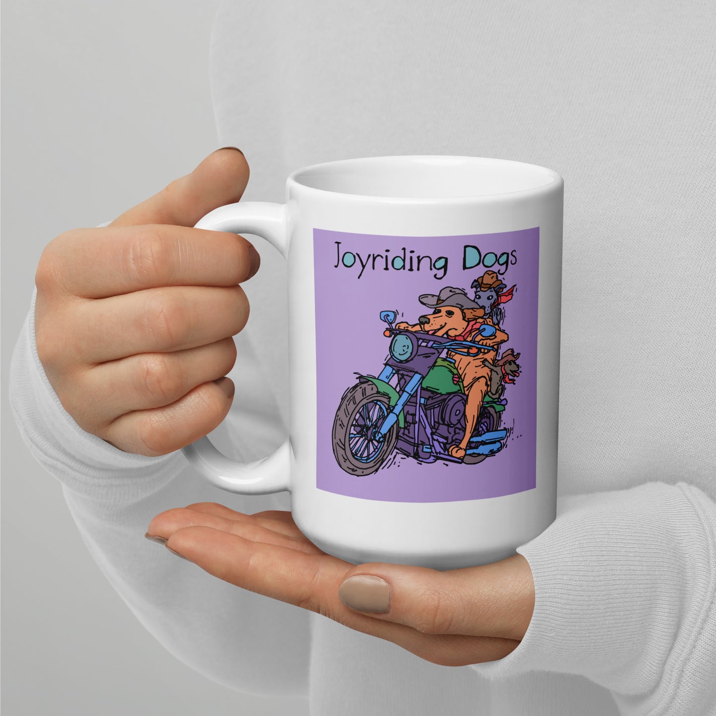 Cowboy Joyriding Dogs - Two Riders Green Motorcycle - 15 oz White glossy mug - designs on both sides