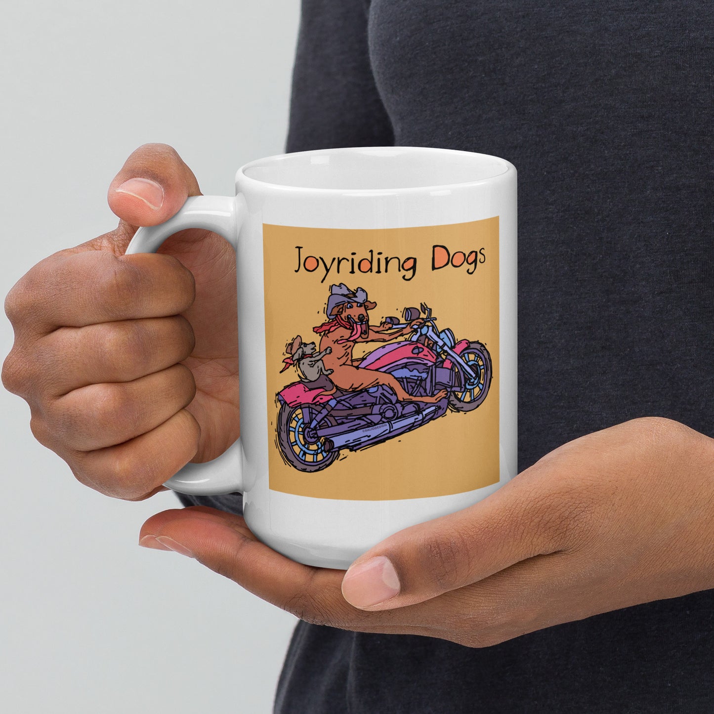 Cowboy Joyriding Dogs - Two Riders Red Motorcycle - 15 oz White glossy mug - designs on both sides