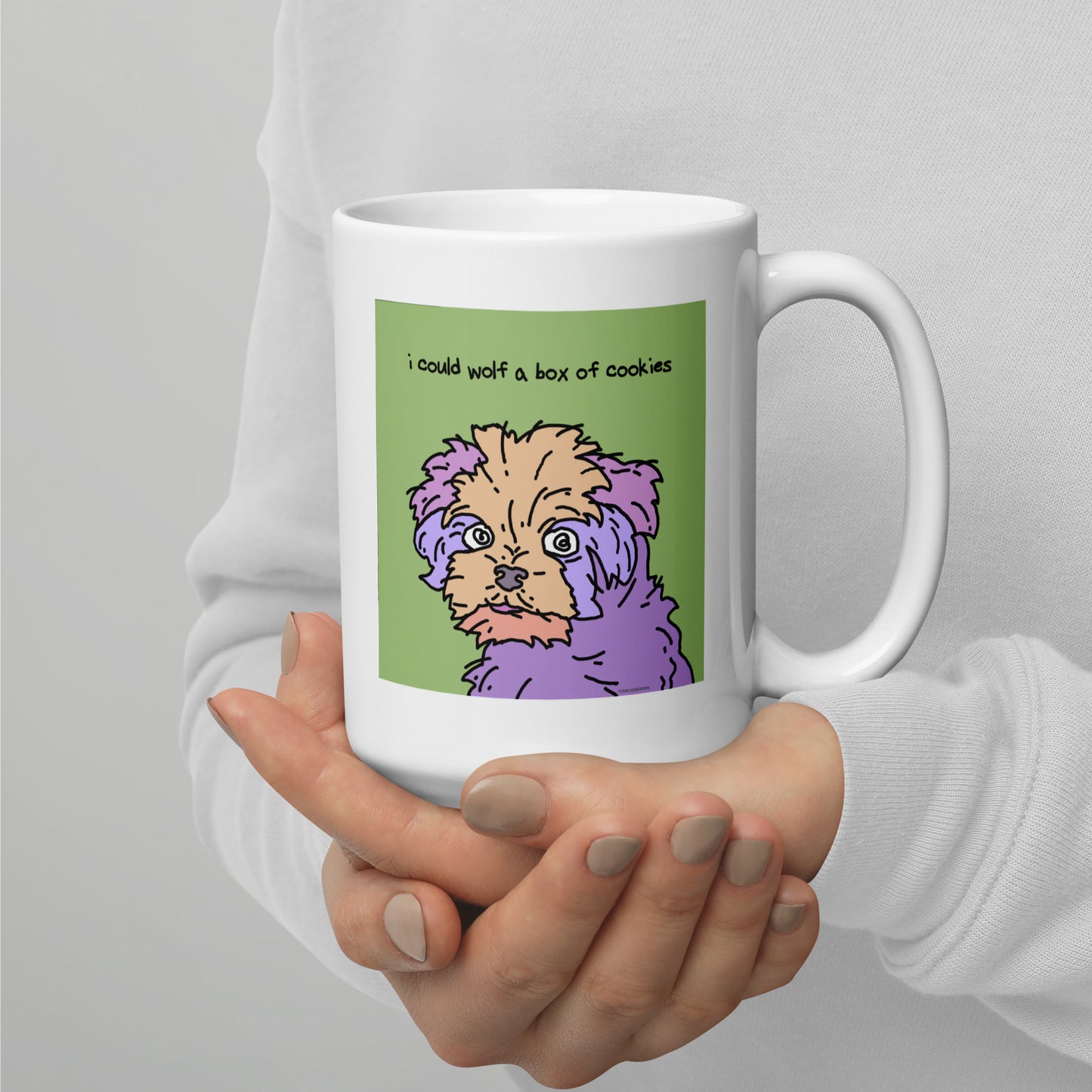 I could wolf a box of cookies - 15 oz White glossy mug - designs on both sides