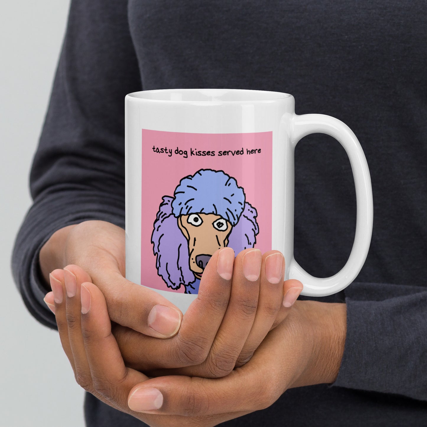 Tasty dog kisses served here - 15 oz White glossy mug - designs on both sided