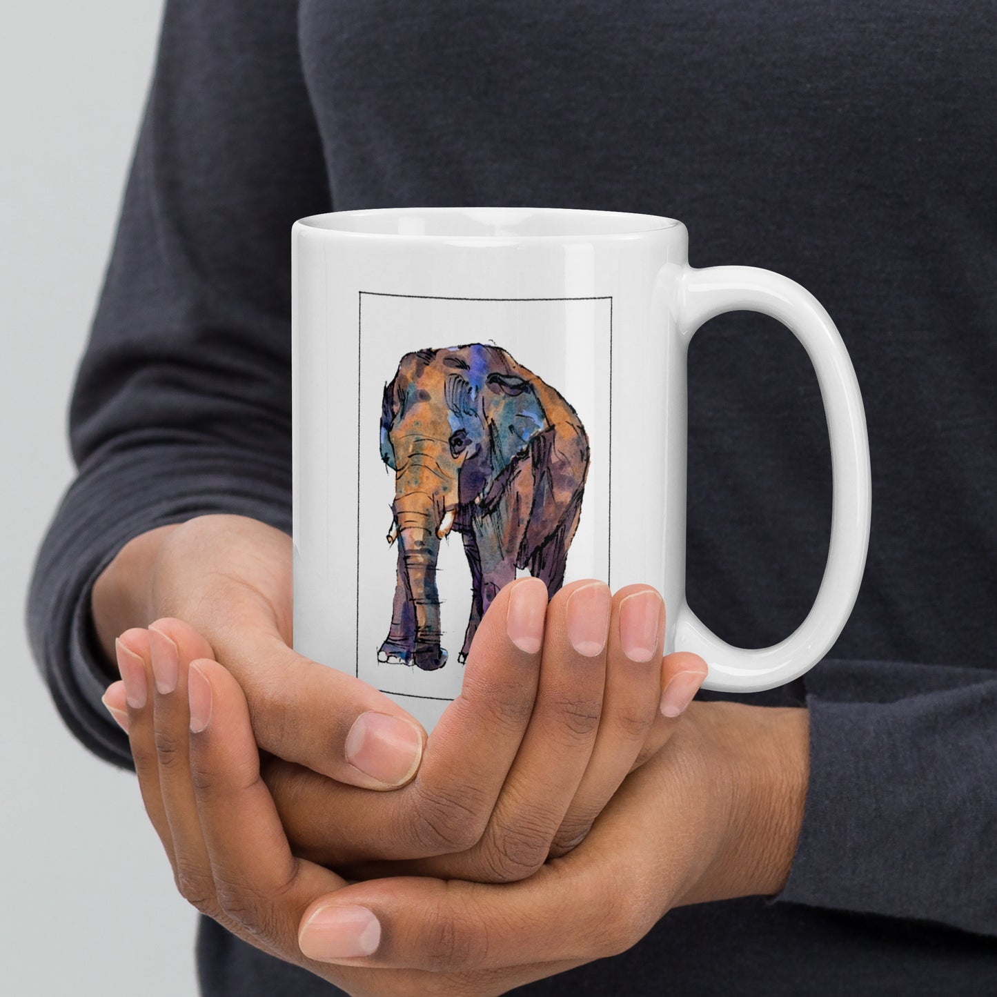 Asian Elephant - 15 oz White glossy mug - designs on both sides