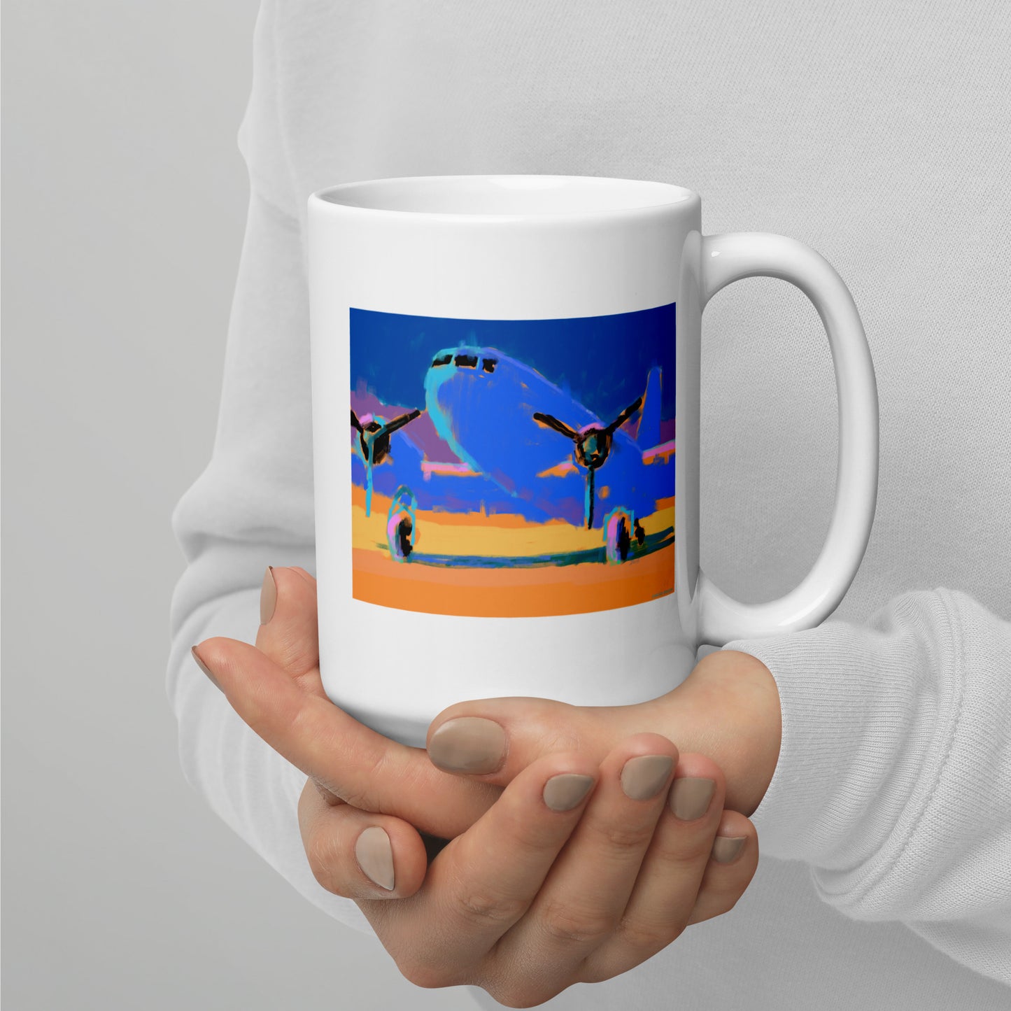 Airplane - Blue/Yellow - 15 oz White glossy mug - designs on both sides