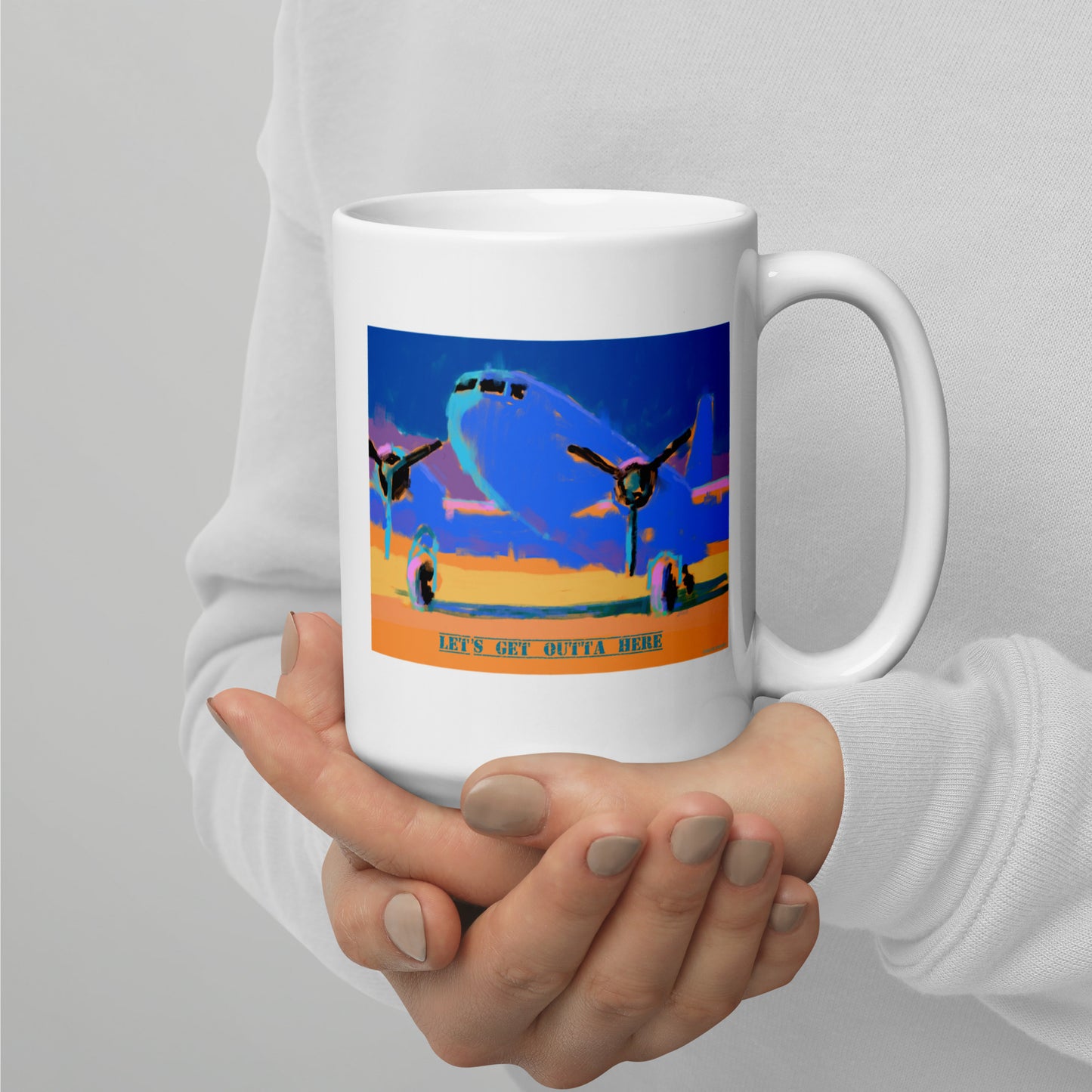 Let’s Get Outta Here - Blue/Yellow Airplane - 15 oz White glossy mug - designs on both sides