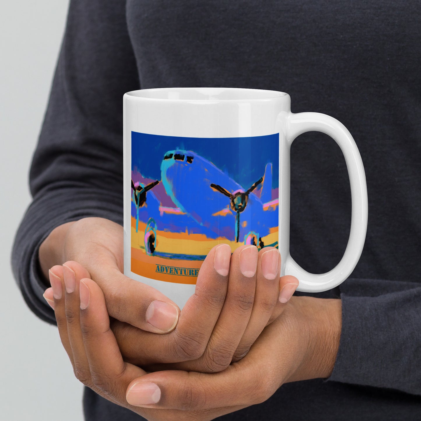 Adventure Time, Baby! - Blue/Yellow Airplane - 15 oz White glossy mug - designs on both sides