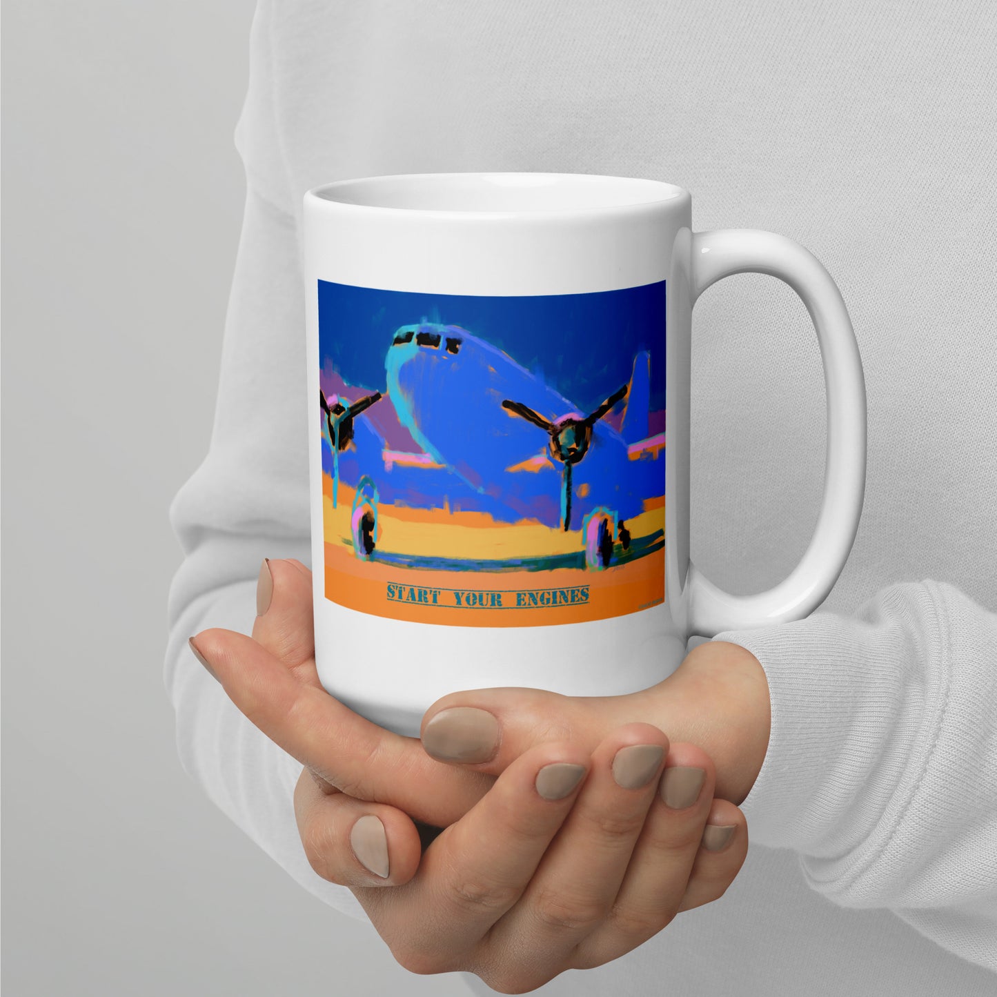 Start Your Engines - Blue/Yellow Airplane - 15 oz White glossy mug - designs on both sides