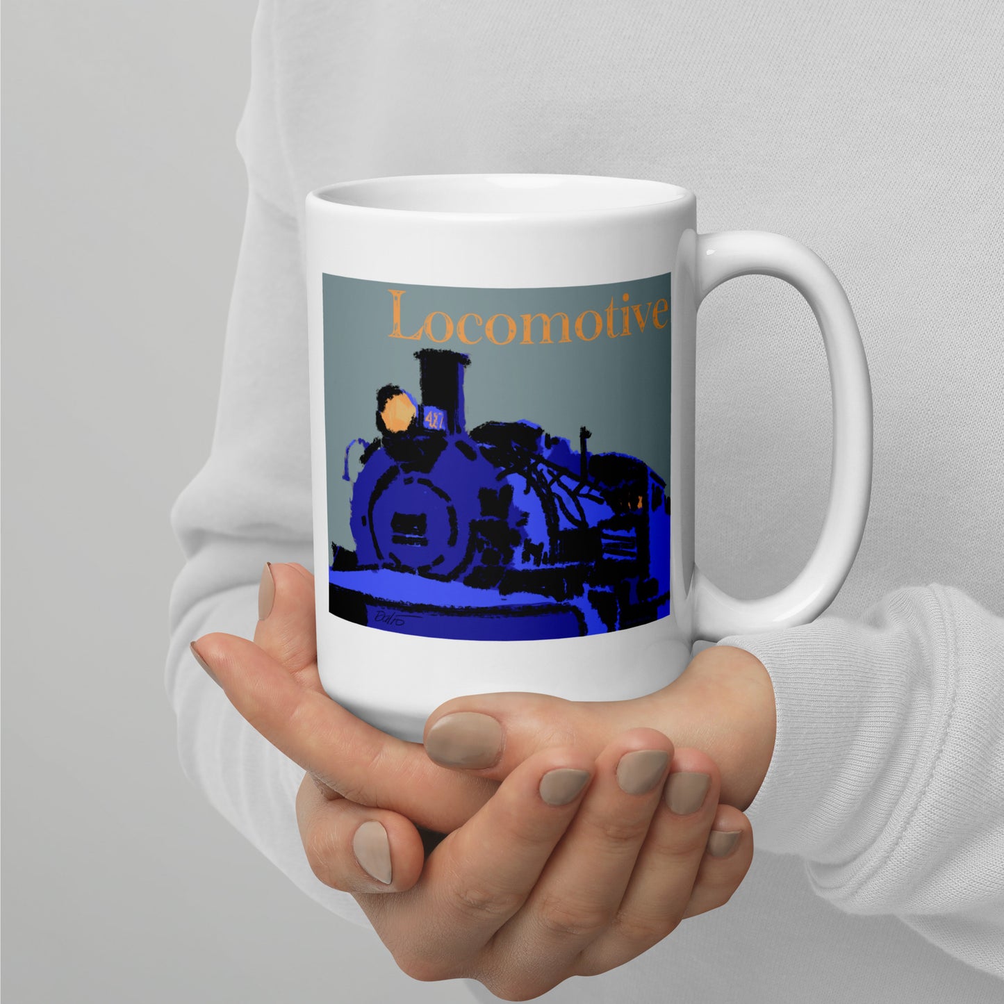 Locomotive - Blue Graphic w/text - 15 oz White glossy mug - designs on both sides