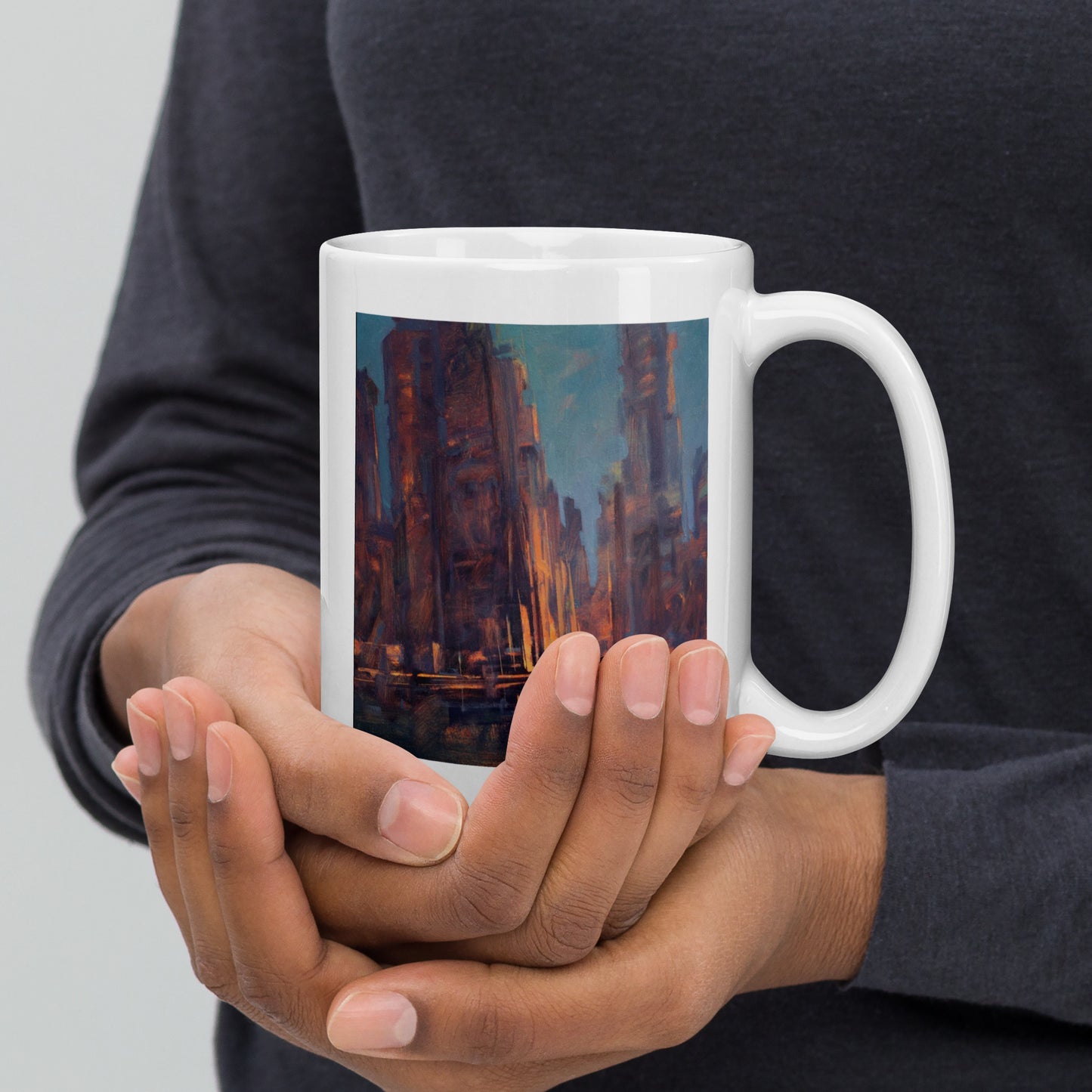 Dawn in the City - 15 oz White glossy mug - designs on both sides