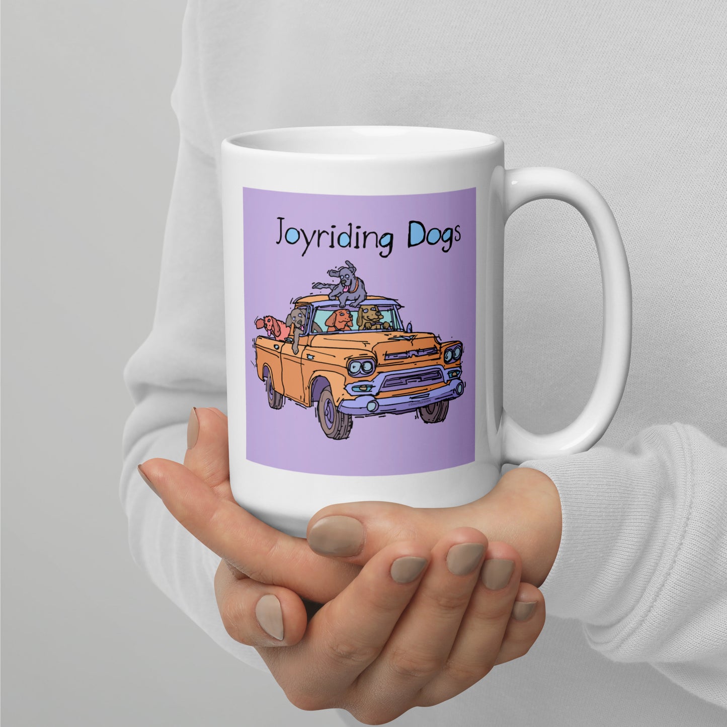 Joyriding Dogs - Yellow Pickup - 15 oz White glossy mug - designs on both sides