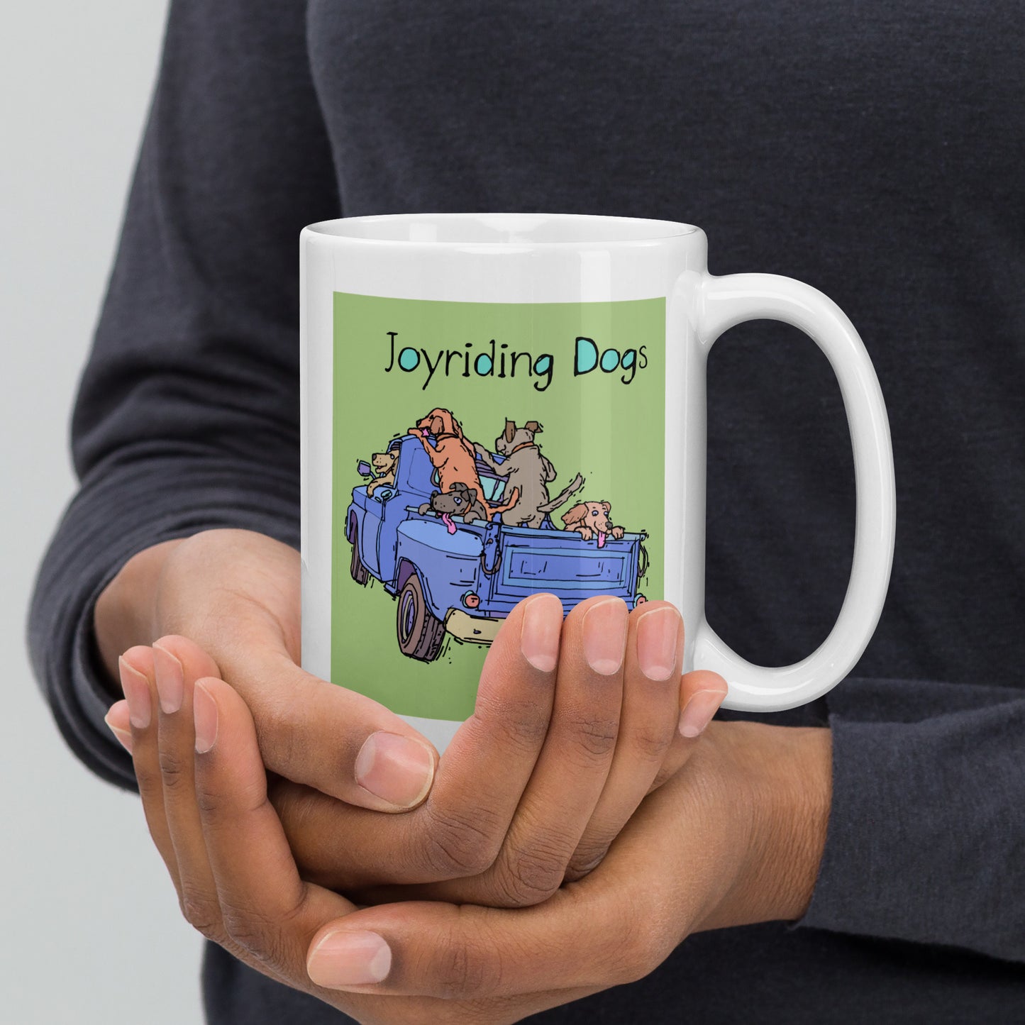 Joyriding Dogs - Blue Pickup - 15 oz White glossy mug - designs on both sides