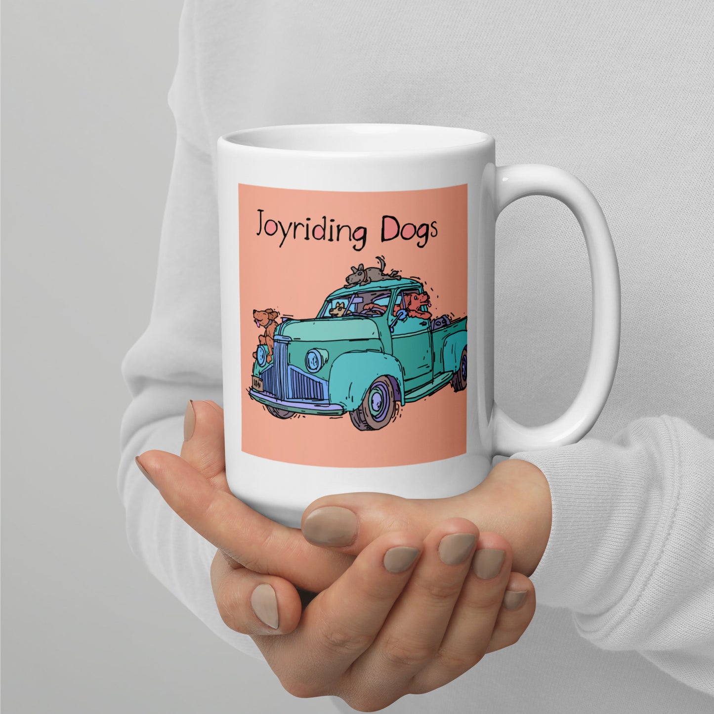 Joyriding Dogs - Green Pickup - 15 oz White glossy mug - designs on both sides