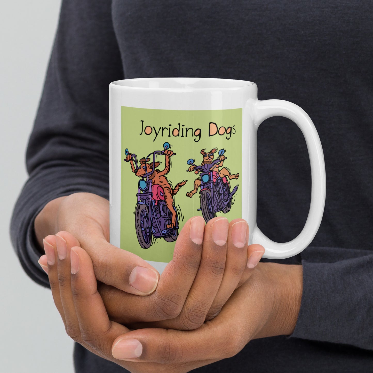 Joyriding Dogs - Two Motorcycles - 15 oz White glossy mug - designs on both sides