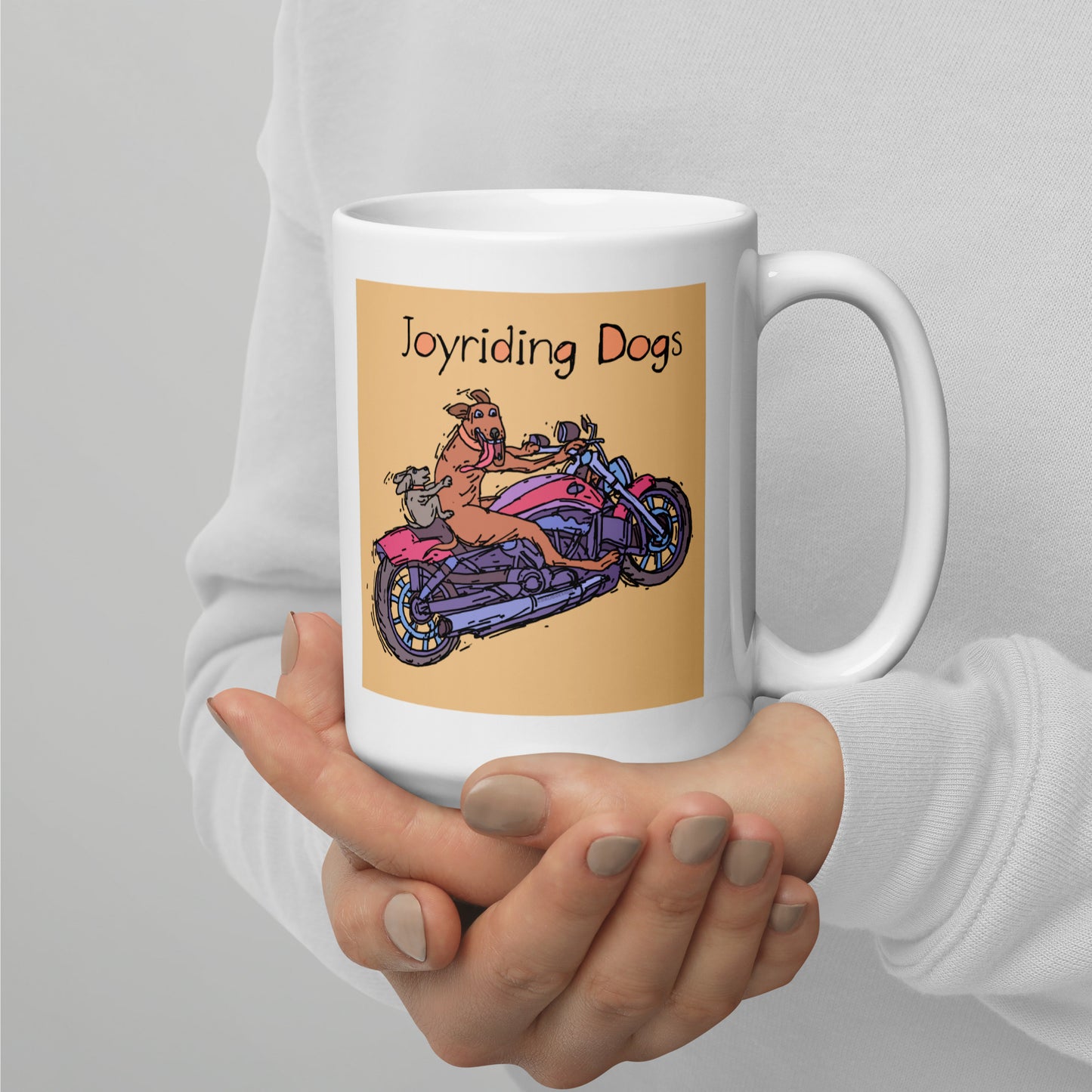 Joyriding Dogs - Two Riders Red Motorcycle - 15 oz White glossy mug - designs on both sides