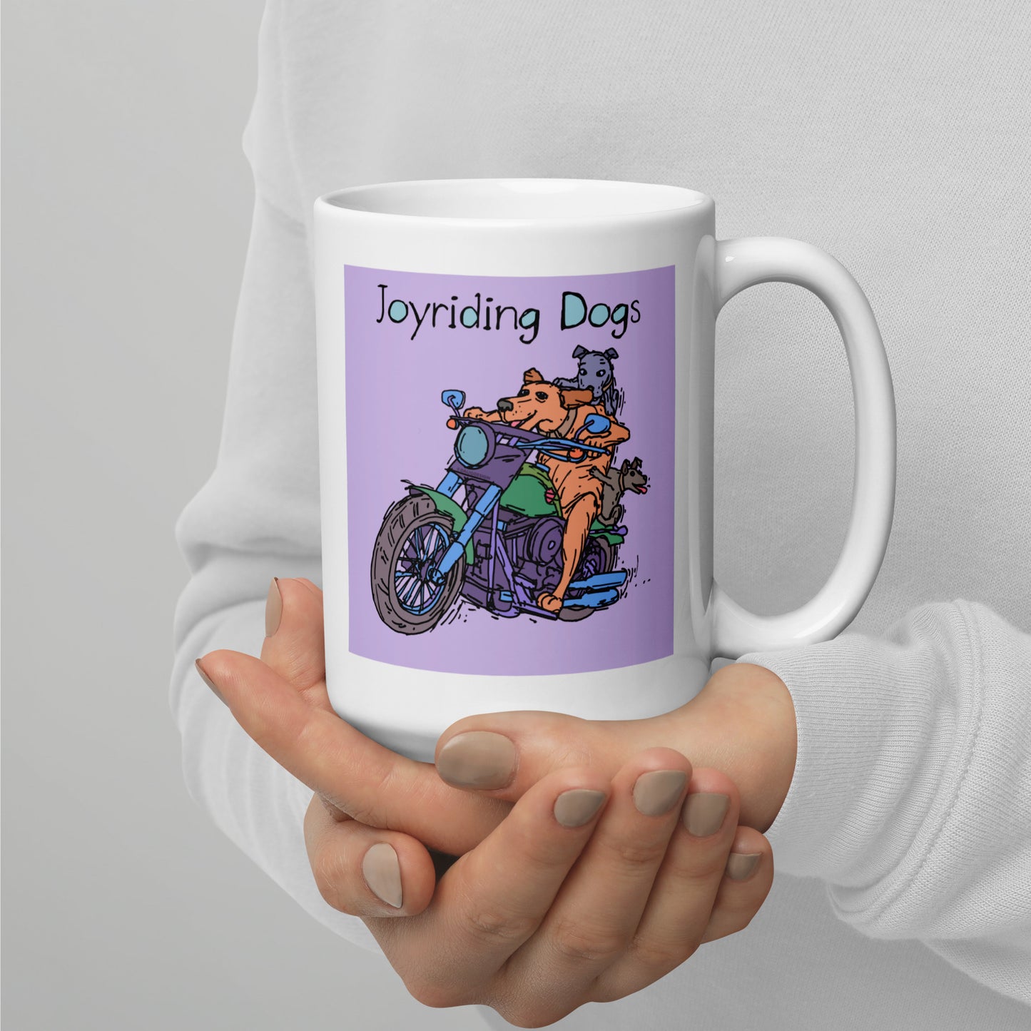 Joyriding Dogs - Green Motorcycle - 15 oz White glossy mug - designs on both sides