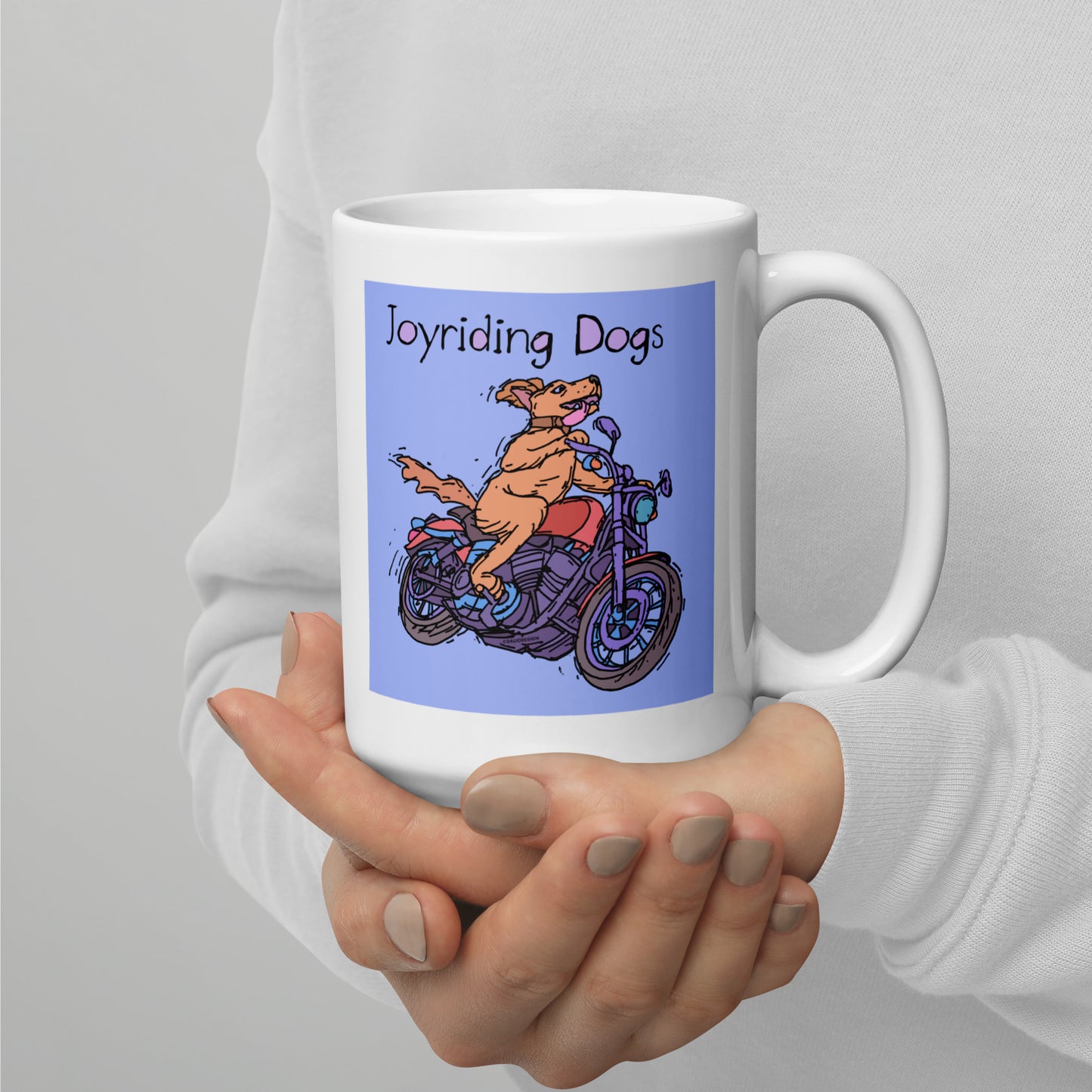 Joyriding Dogs - One Rider Red Motercycle - 15 oz White glossy mug - designs on both sides