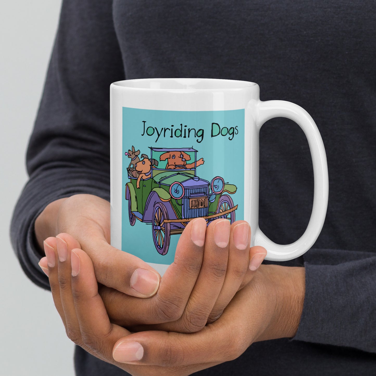 Joyriding Dogs - Green Car - 15 oz White glossy mug - designs on both sides