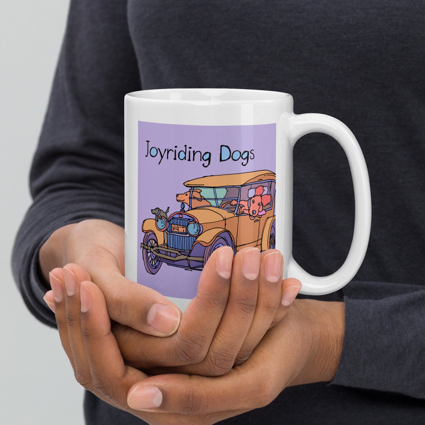 Joyriding Dogs - Yellow Car - 15 oz White glossy mug - designs on both sides