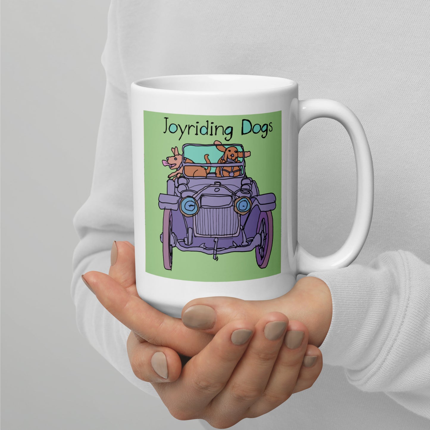 Joyriding Dogs - Violet Car - 15 oz White glossy mug - designs on both sides