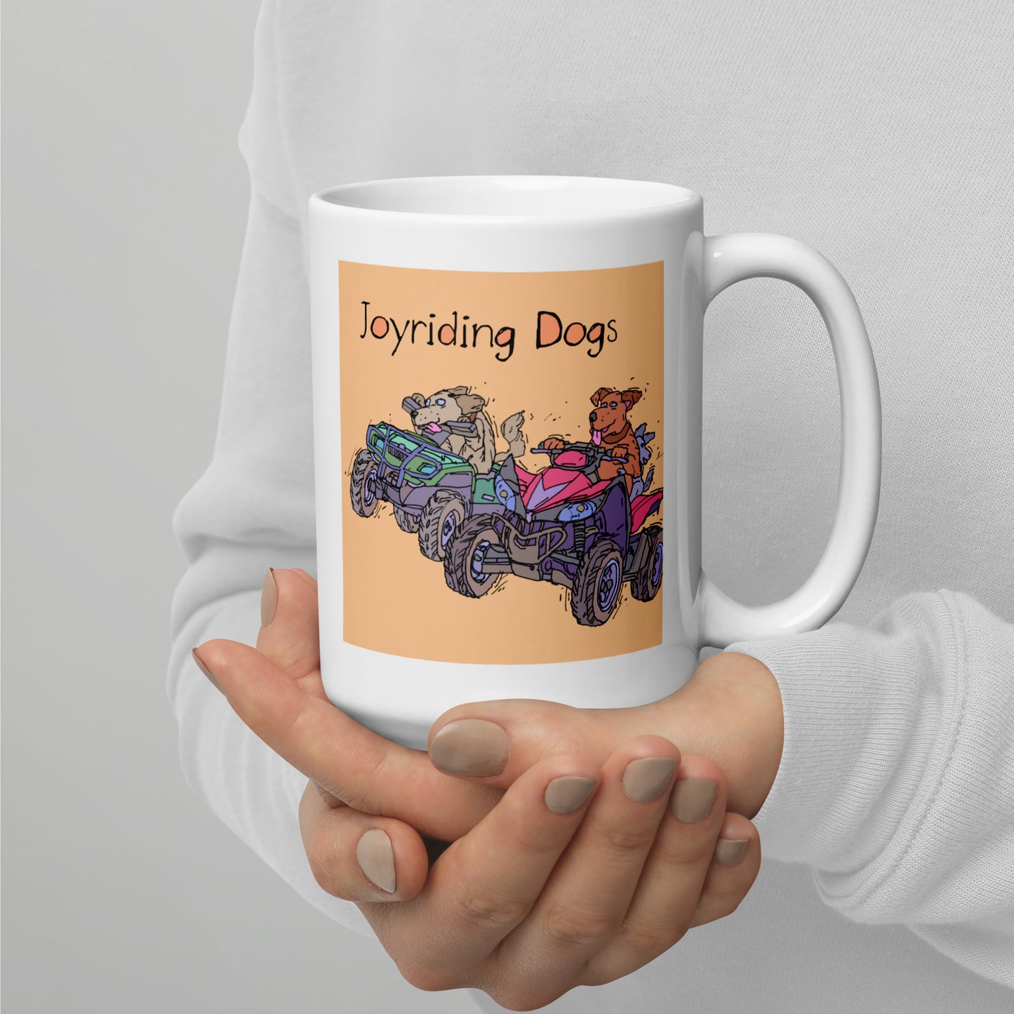 Joyriding Dogs - Two ATVs - 15 oz White glossy mug - designs on both sides