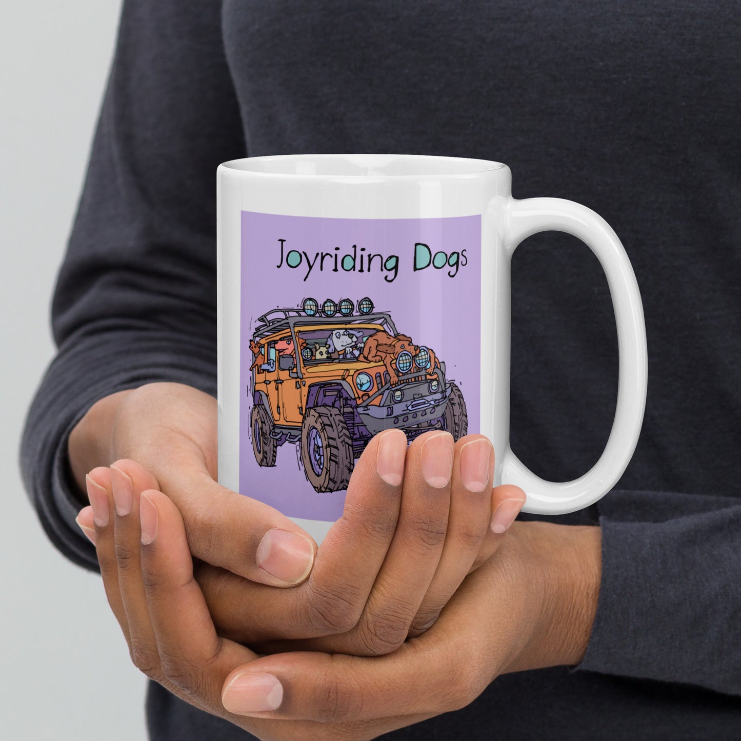 Joyriding Dogs - Yellow Jeep - 15 oz White glossy mug - designs on both sides