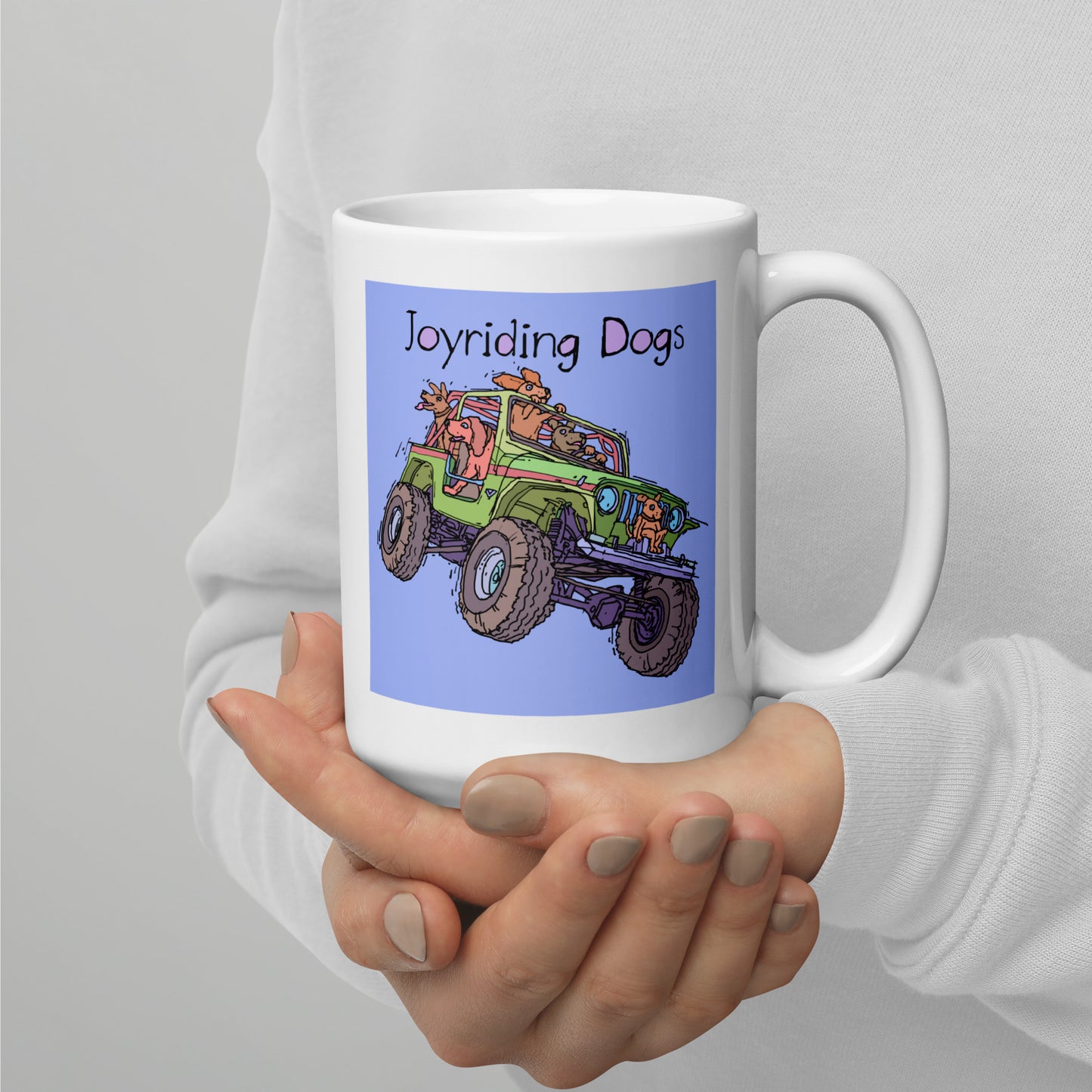 Joyriding Dogs - Green Jeep - 15 oz White glossy mug - designs on both sides