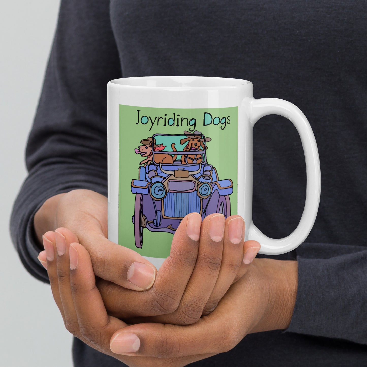 Cowboy Joyriding Dogs - Blue Car - 15 oz White glossy mug - designs on both sides