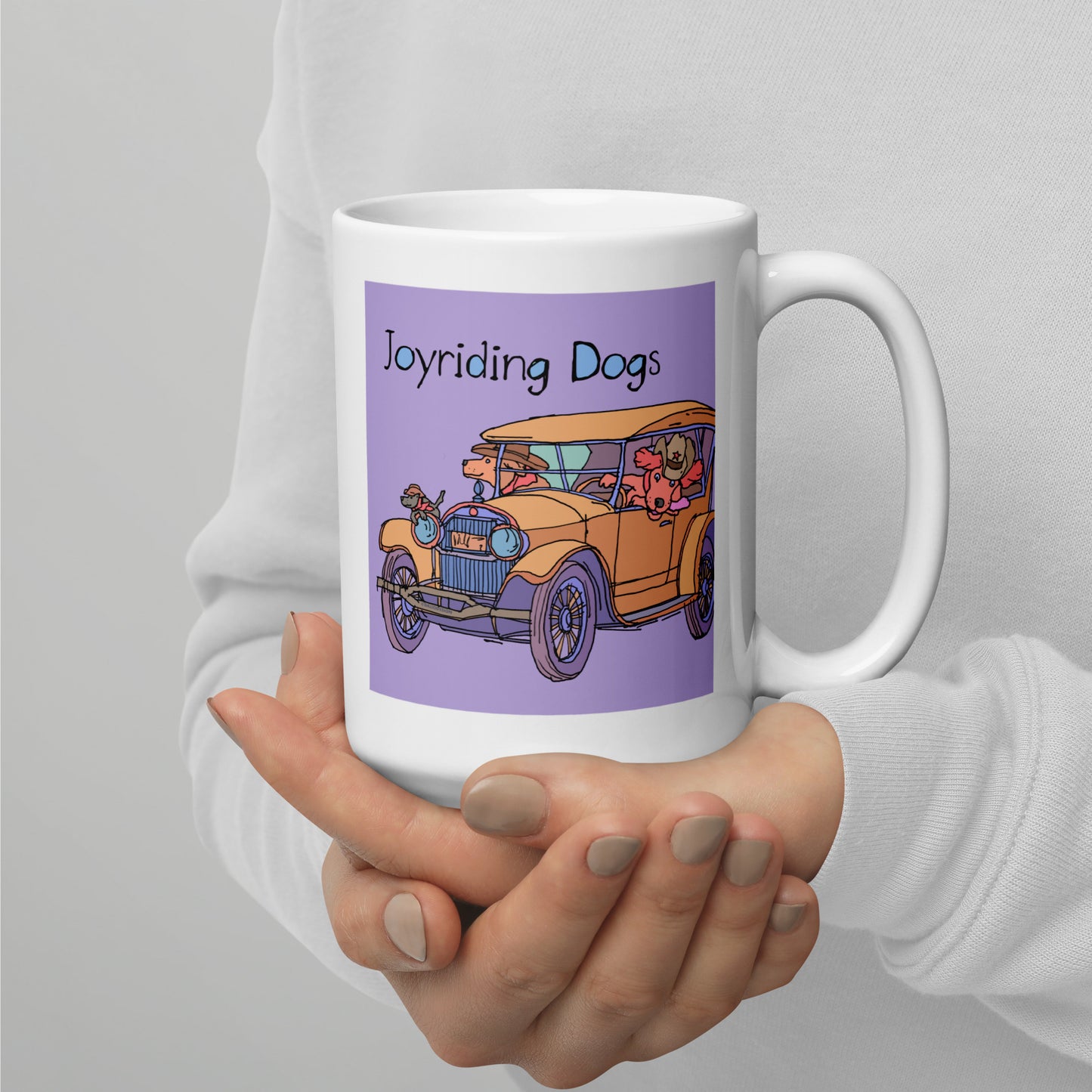 Cowboy Joyriding Dogs - Yellow Car - 15 oz White glossy mug - designs on both sides