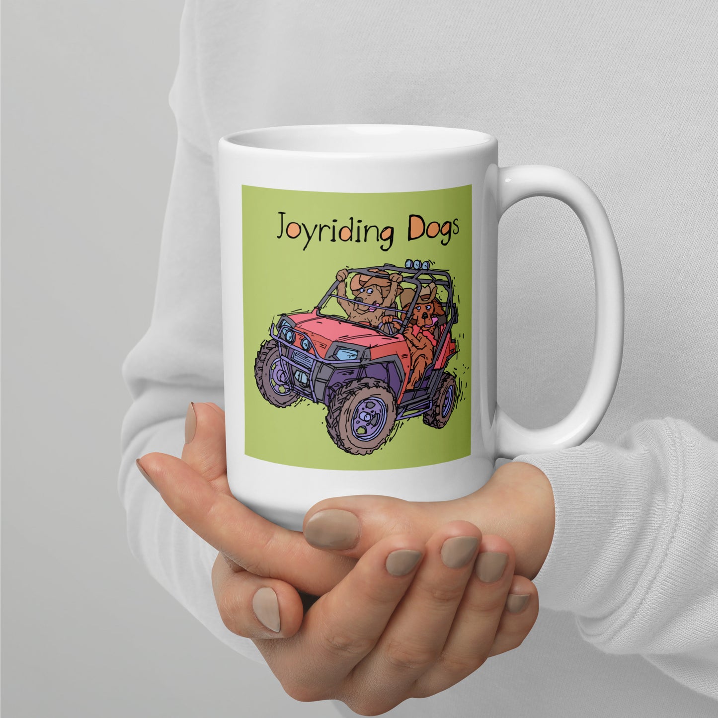 Cowboy Joyriding Dogs - Two Riders in One Red ATV - 15 oz White glossy mug - designs on both sides