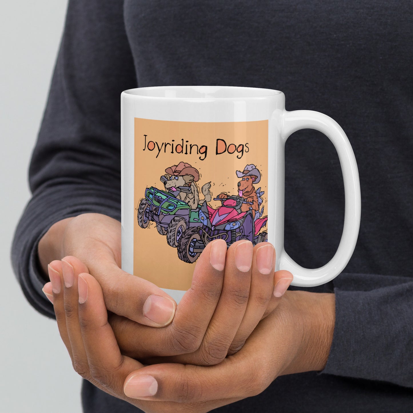 Cowboy Joyriding Dogs - Two ATVs - 15 oz White glossy mug - designs on both sides