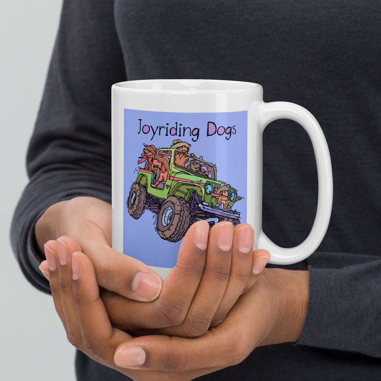 Cowboy Joyriding Dogs - Green Jeep 15 oz White glossy mug - designs on both sides