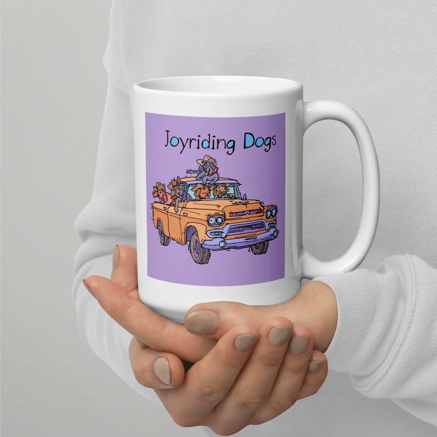 Cowboy Joyriding Dogs - Yellow Pickup - 15 oz White glossy mug - designs on both sides