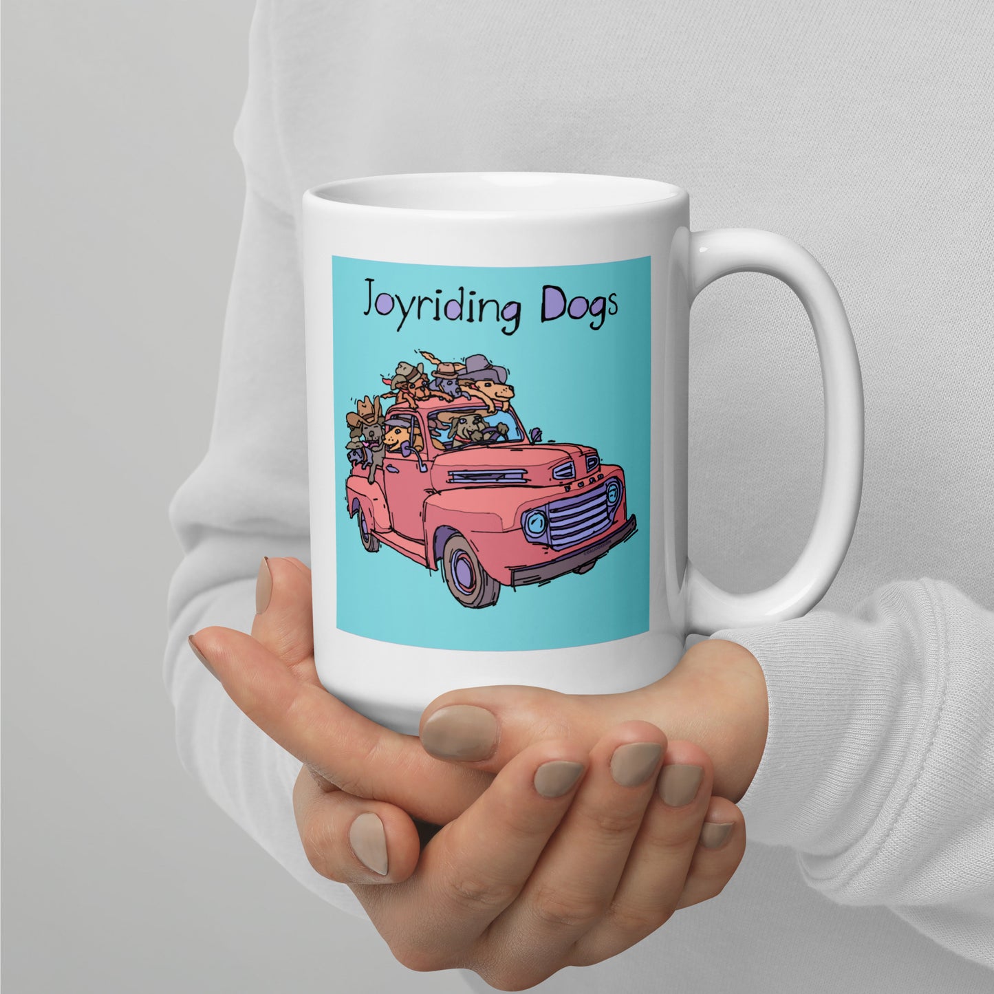 Cowboy Joyriding Dogs - Red Pickup - 15 oz White glossy mug - designs on both sides