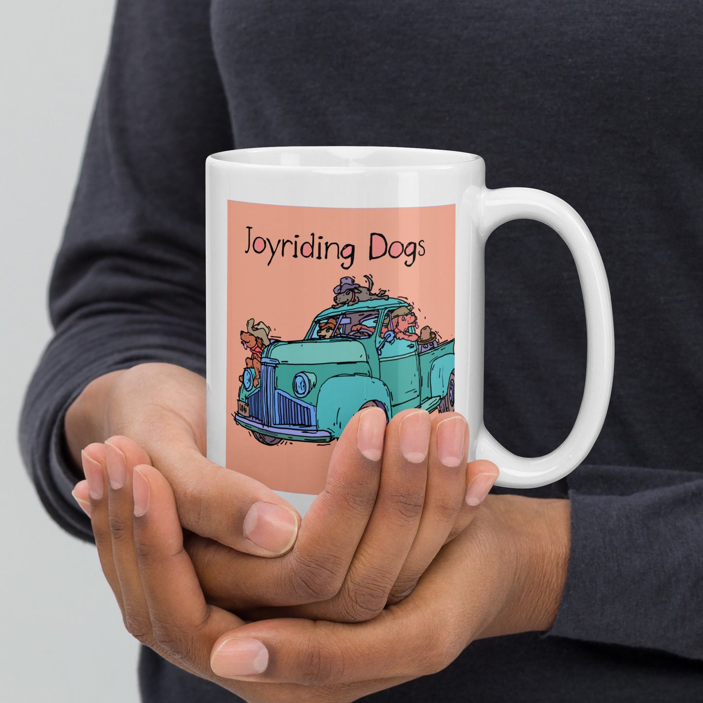 Cowboy Joyriding Dogs - Green Pickup - 15 oz White glossy mug - designs on both sides