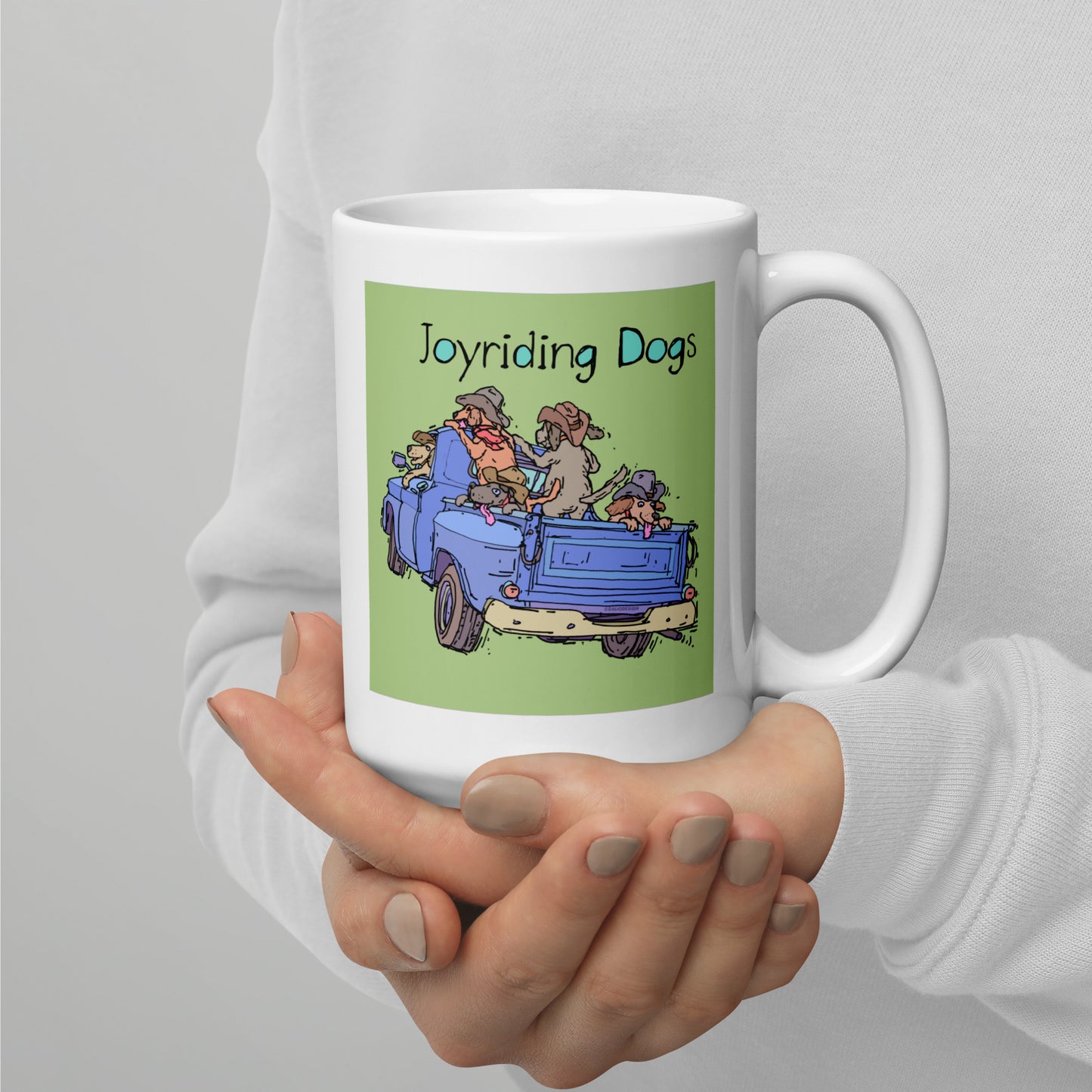 Cowboy Joyriding Dogs - Blue Pickup - 15 oz White glossy mug - designs on both sides