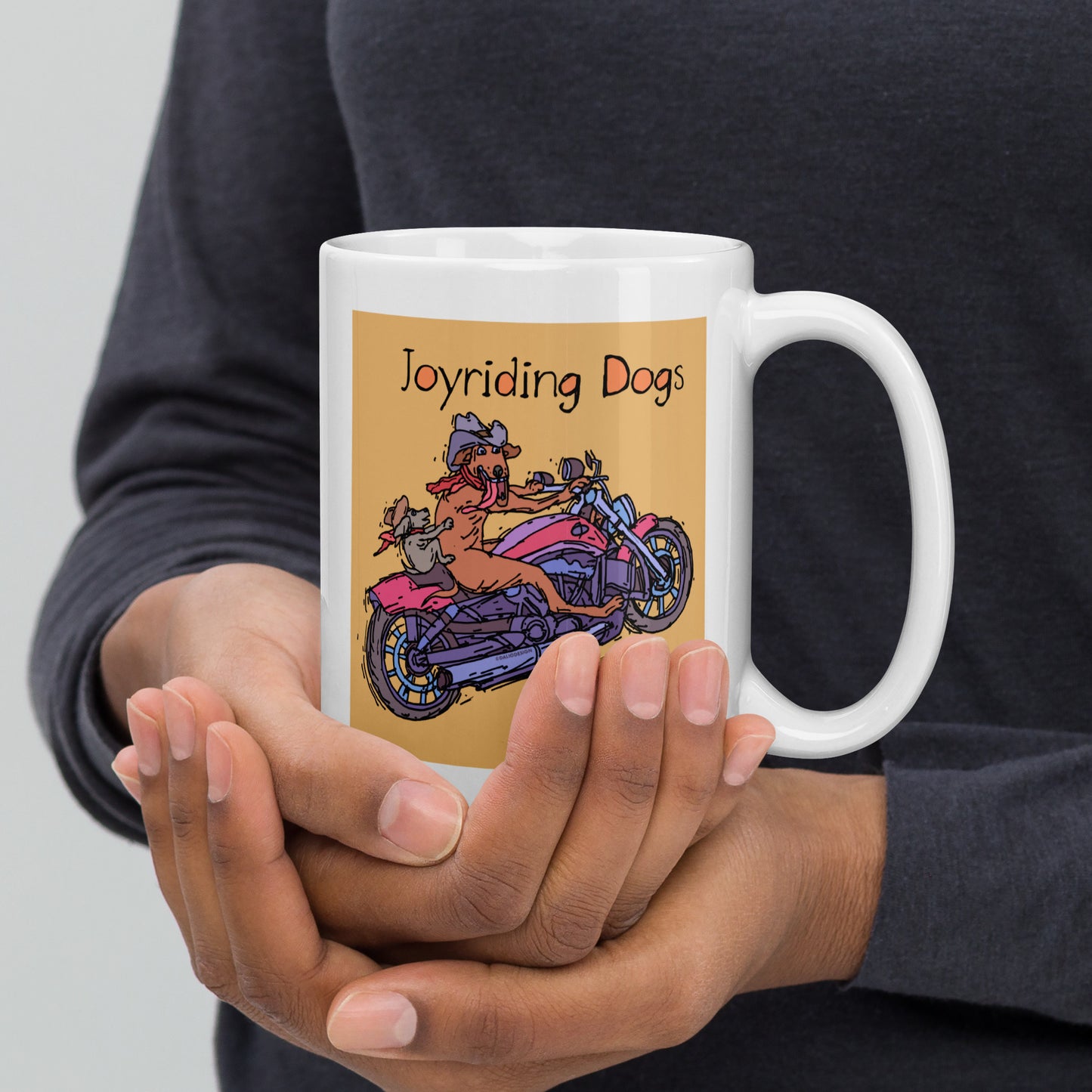 Cowboy Joyriding Dogs - Two Riders Red Motorcycle - 15 oz White glossy mug - designs on both sides