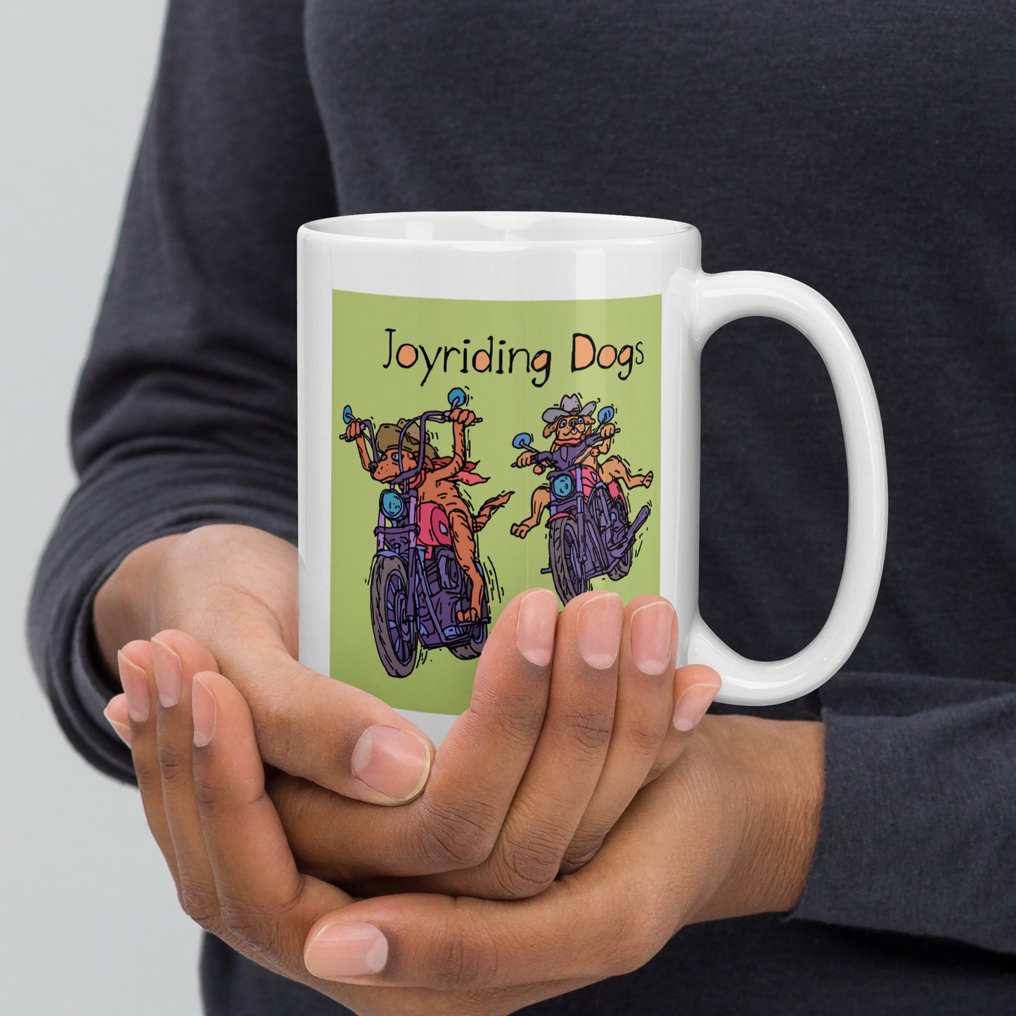Cowboy Joyriding Dogs - Two Motorcycles - 15 oz White glossy mug - designs on both sides