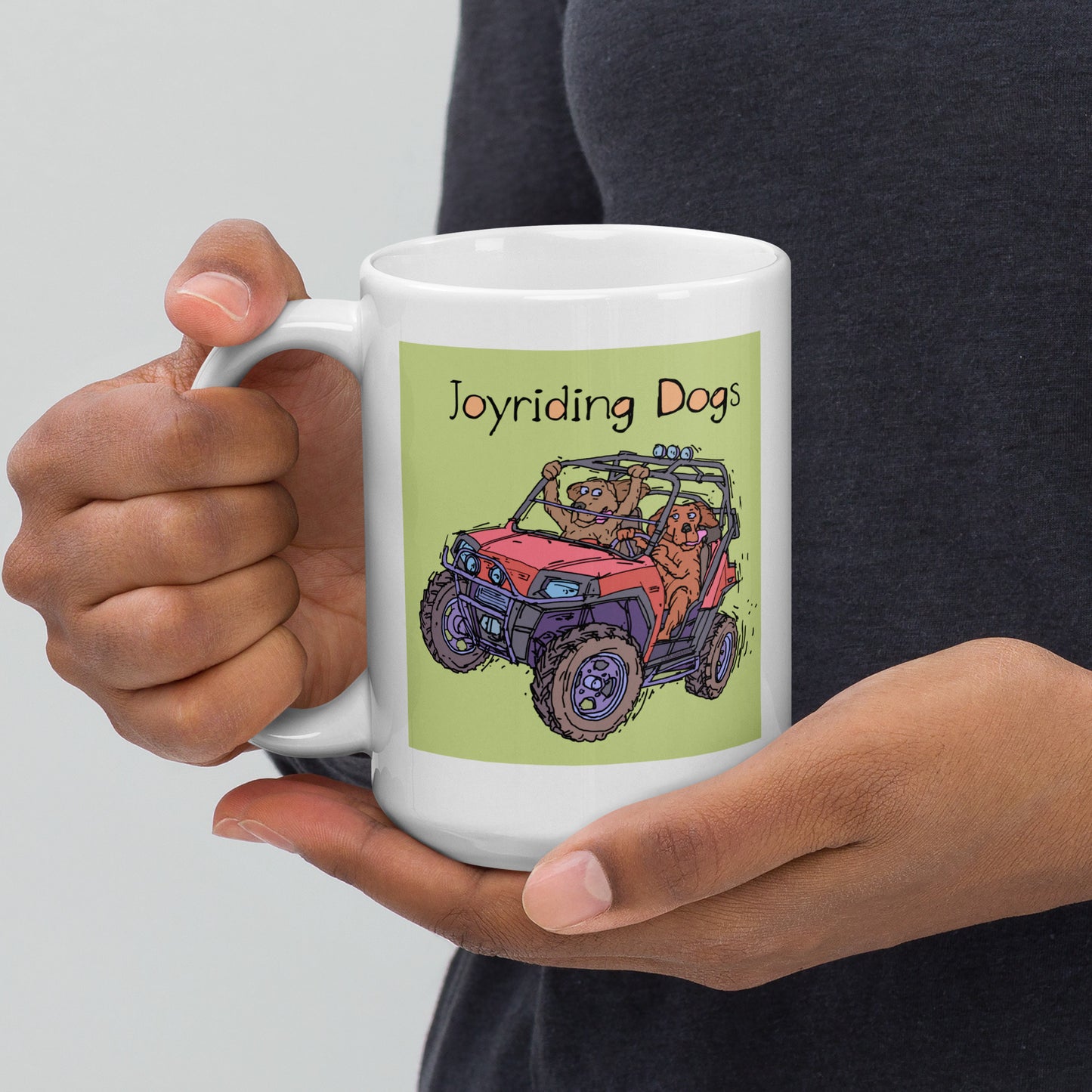 Joyriding Dogs - Two Riders in one Red ATV - 15 oz White glossy mug - designs on both sides