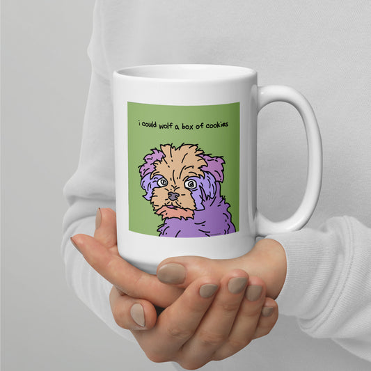 I could wolf a box of cookies - 15 oz White glossy mug - designs on both sides